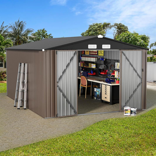 GVDV 10x14 FT Outdoor Metal Storage Shed, Durable Garden Shed with Updated Frame Structure for Backyard, Patio, Tool Storage, All-Weather Shelter for Bike, Gardening Tools, Lawn Mowers, Grey