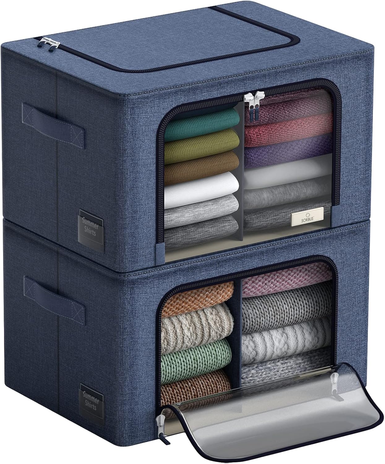 Sorbus Storage Bins with Divided Interior - Large Stackable & Foldable Organizer Containers with Metal Frame, Oxford Fabric, Large Window & Carry Handles - Organization for Bedroom, Linens & Clothes