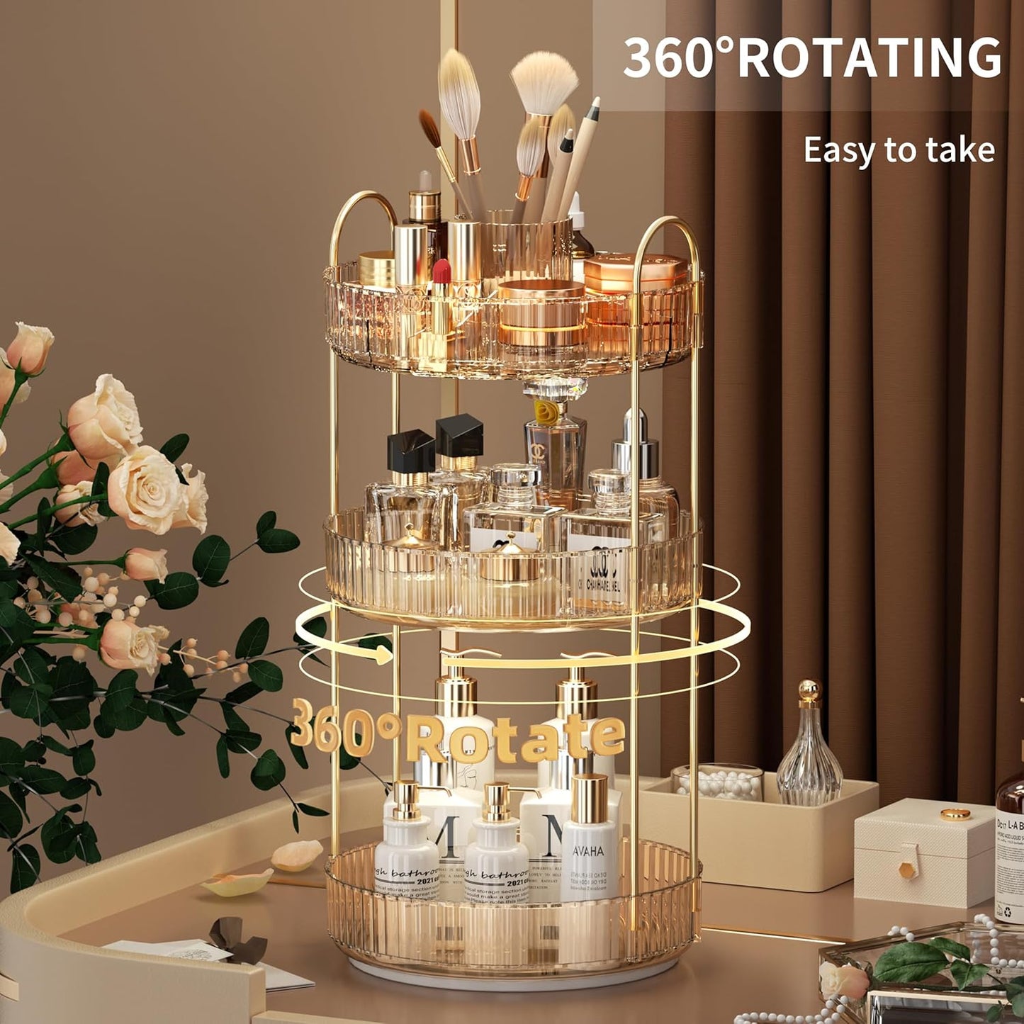 YCIA&DONE Rotating Makeup Organizer for Vanity, Large Capacity Make Up Storage Skin care Shelf Perfume Holders Cosmetic Dresser Organizer Countertop Spinning 360 (Amber Gold, 3Tiers)