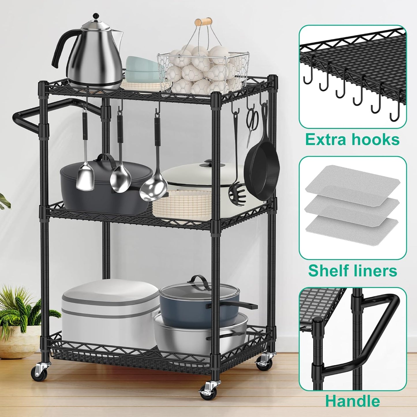 3 Tier Rolling Cart with Wheels, Metal Utility Cart for Storage Heavy Duty Wire Trolley for Kitchen Serving Grocery Food with 3 Shelf Liners 6 Hooks, 18 x 23.8 x 37 Inches, Black