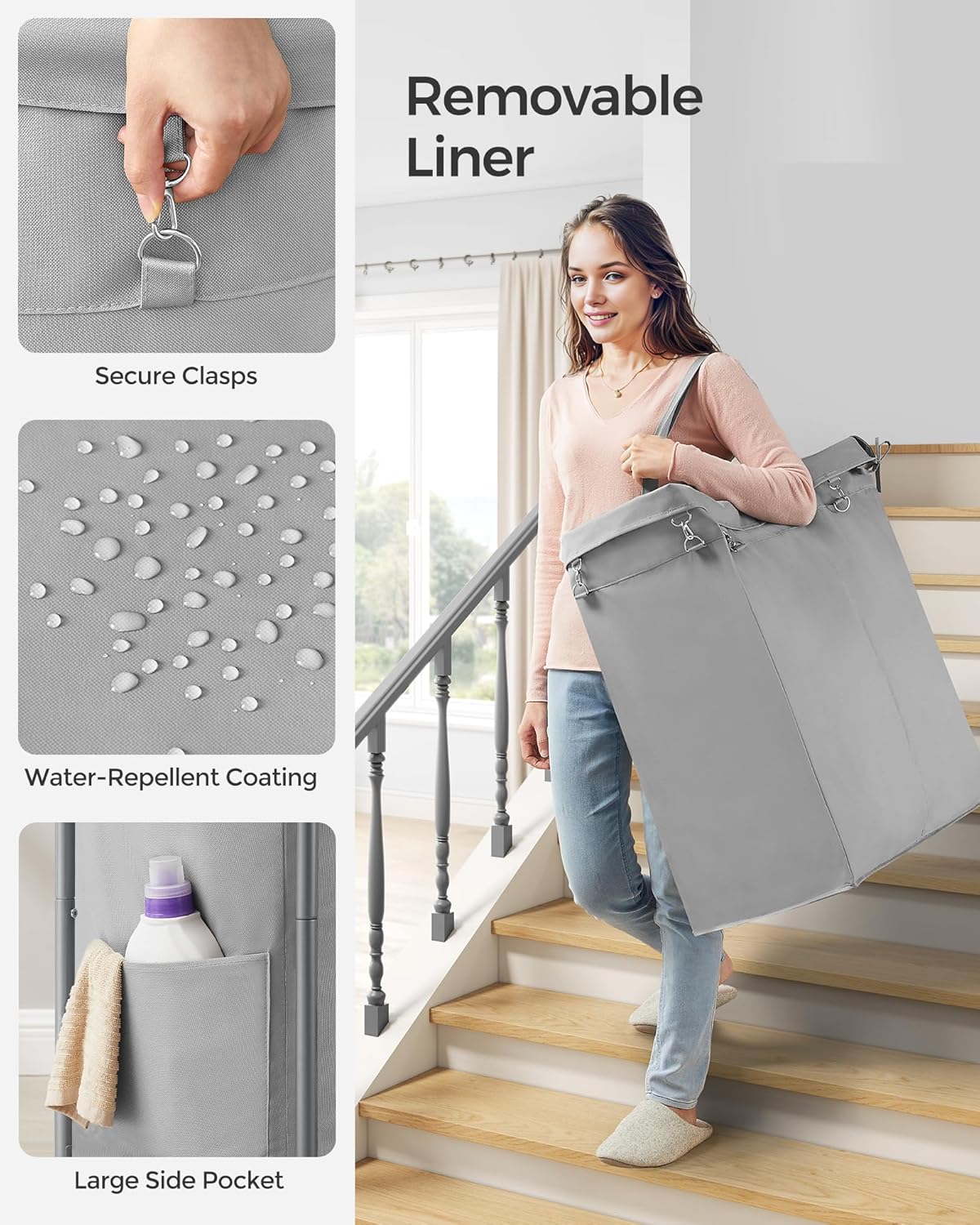 SONGMICS Laundry Basket with Wheels, 2-Section Rolling Laundry Hamper, 37 Gallons (140 L), Removable Liner, Steel Frame with Handle, 27.2 x 15.4 x 31.9 Inches, Dove Gray URLS004G01