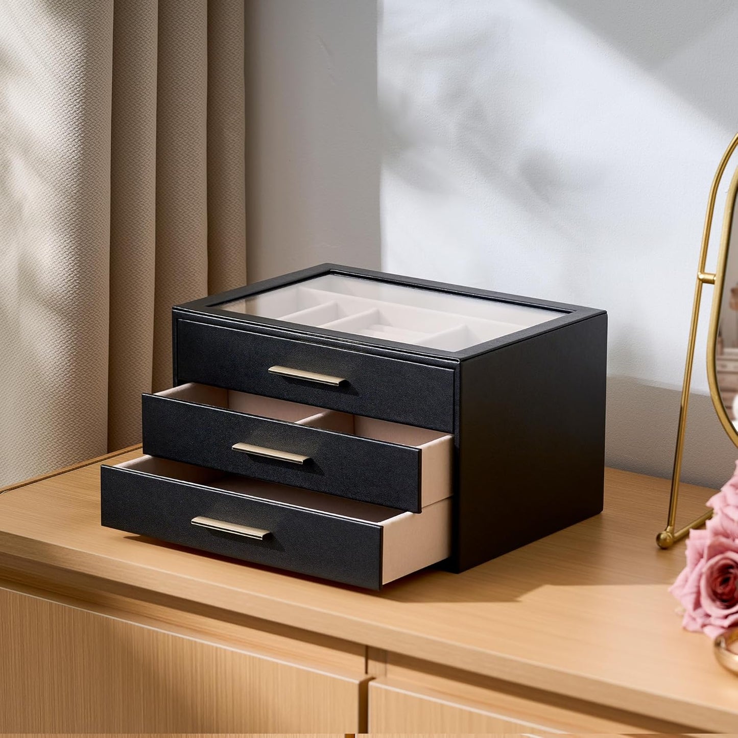 pickpiff Jewelry Box Organizer Case for Women: 3-Layer Jewelry Storage Case with Glass Window, Black Leather with Blush Velvet, Holder for Ring Necklace Bracelet Brooch Watch, Great Gift for Her