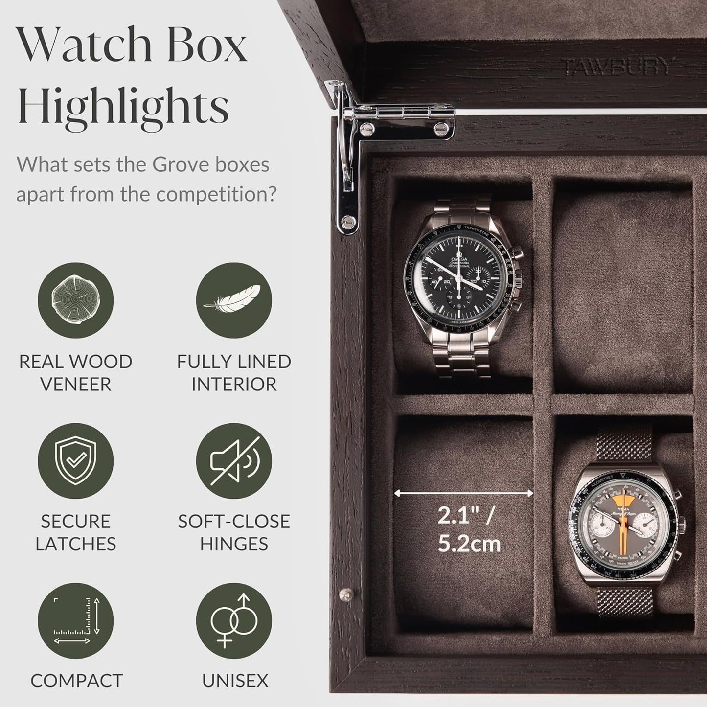 TAWBURY Wooden Watch Box for Men – 6 Watch Box Wood | Wooden Mens Watch Box Rustic | 6 Watch Case for Women & Men | Watch Collection Box for Men | Wrist Watch Storage Case for Men Wood