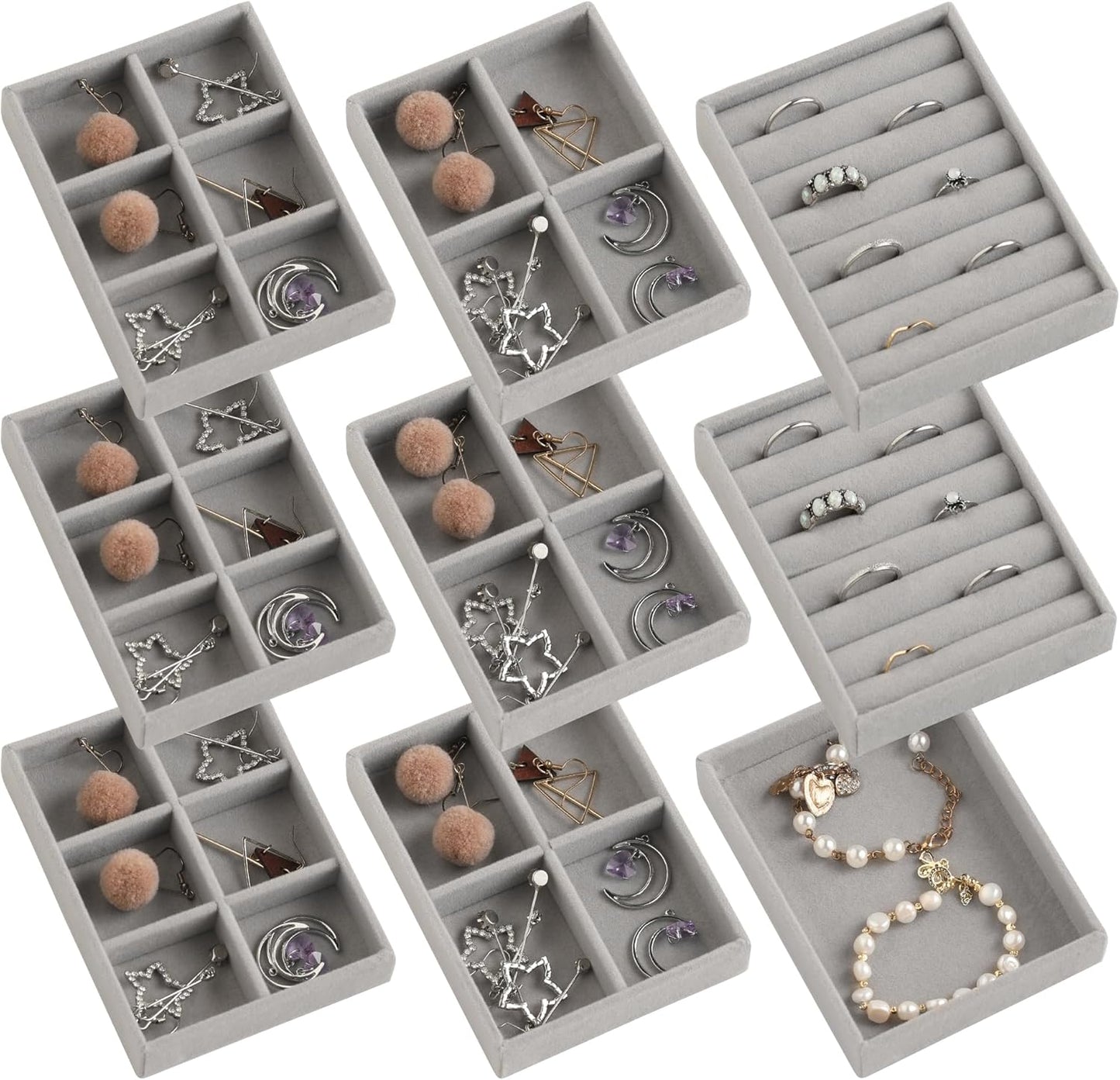 Frebeauty Small Jewelry Tray Set, Stackable Velvet Jewelry Organizer, Drawer Inserts, 4.92 x 3.74 x 0.9 Inches, Earring Organizer for Women (Set of 9, Grey)