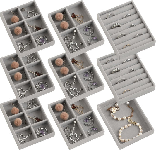 Frebeauty Small Jewelry Tray Set, Stackable Velvet Jewelry Organizer, Drawer Inserts, 4.92 x 3.74 x 0.9 Inches, Earring Organizer for Women (Set of 9, Grey)