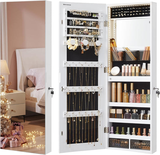 SONGMICS Mirror Jewelry Cabinet Armoire Organizer, Wall or Door Mount Storage Cabinet with Full-Length Frameless Lighted Mirror, Built-in Makeup Mirror, 2 Drawers, Lockable, Christmas Gift, White