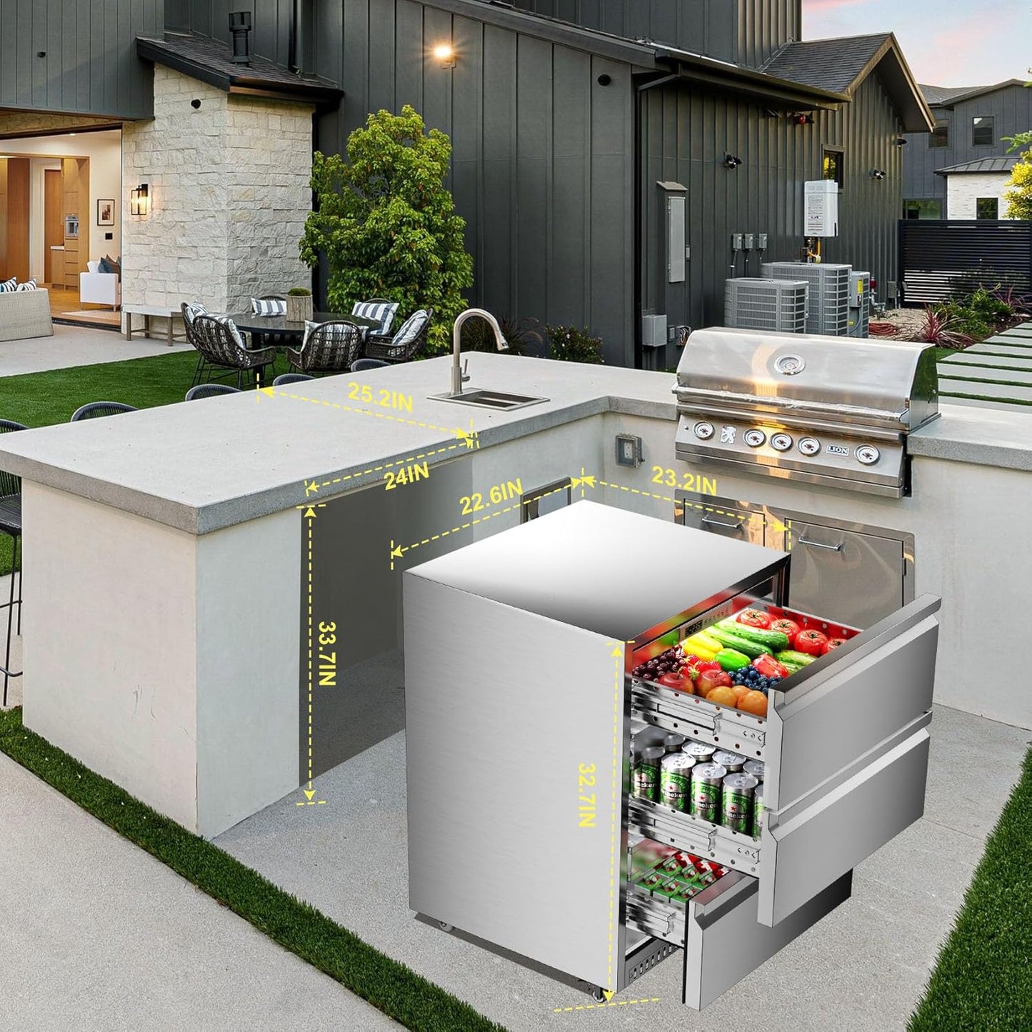 Drawer Refrigerator Outdoor Under Counter Stainless Steel 3 Drawers Beverage Refrigerator Weather Proof Built-in Beverage Fridge for Commercial Home