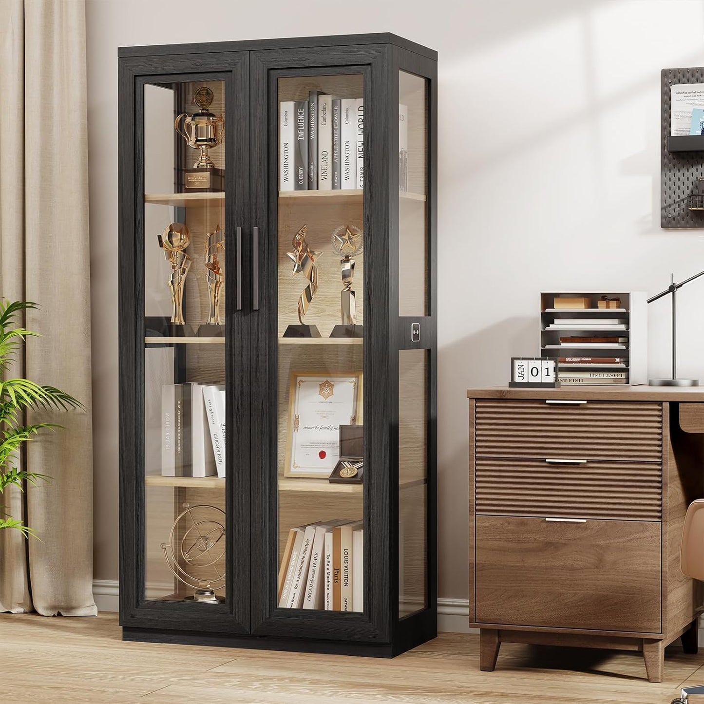 Curio Cabinet with Glass Doors, Bookcase with 4 Shelves, Display Cabinets for Collectibles, China Cabinet with 3 Color LED Lights and Human Body Sensing, Buffer Hinge, Black