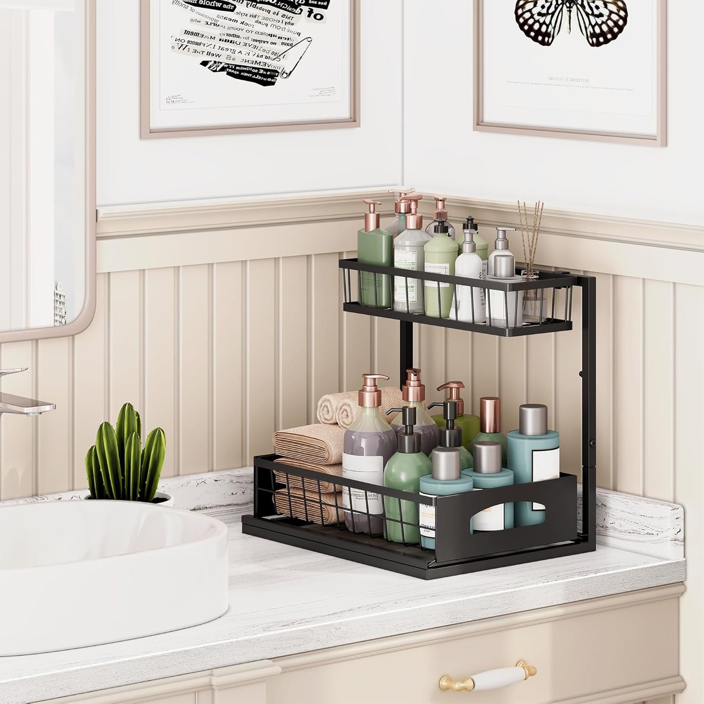 Under Sink Organizer , 2 Pack Height Adjustable Cabinet Organizer with Slide Out Drawer, Pull Out Under Sink Storage, Multi-Purpose 2 Tier Sink Shelves for Kitchen Bathroom Pantry (Black, 2 Pack)
