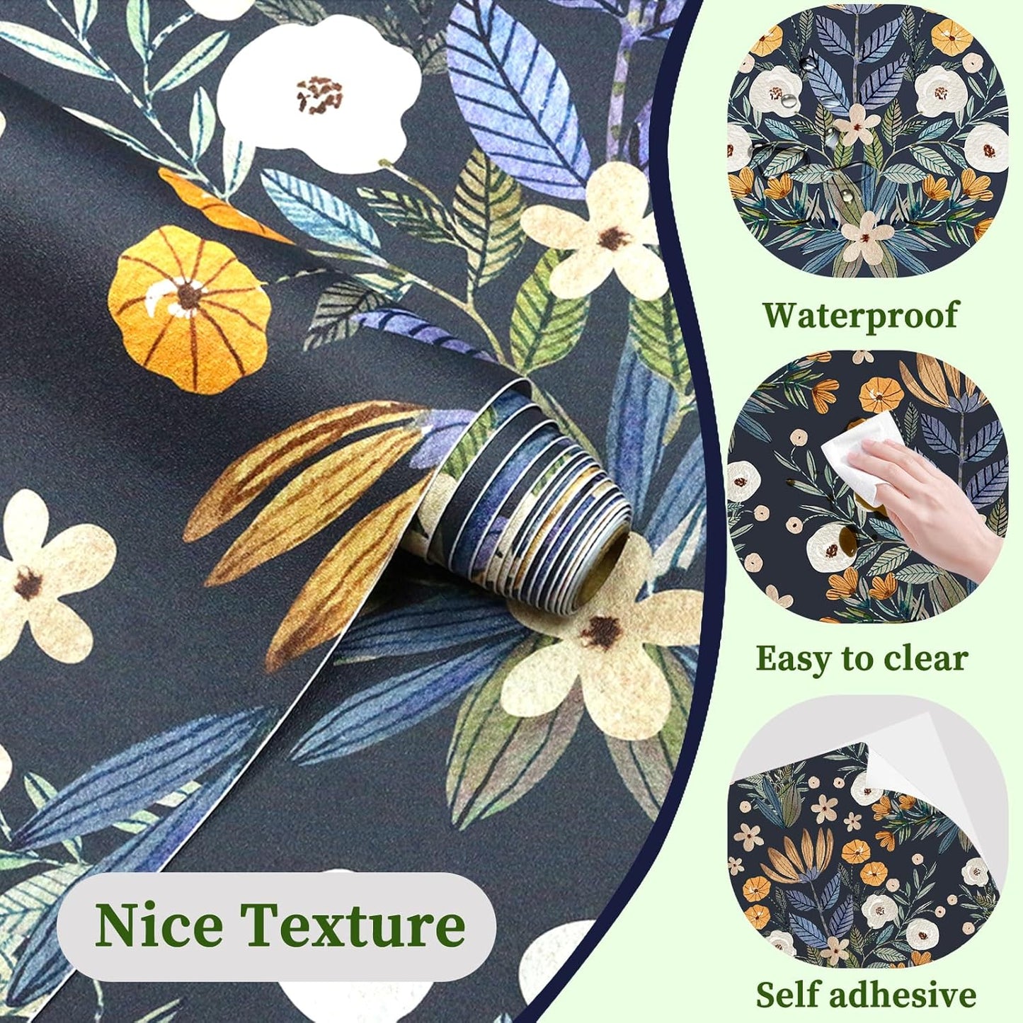 HAOKHOME Shelf Liner and Cabinet Liner Floral, Self-Adhesive Drawer Liners, Peel and Stick Contact Paper for Kitchen Cabinets and Cupboard,Bedroom Drawers, Black/White/Orange 17.3in x 6.5ft