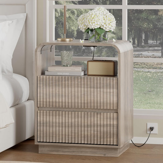 Grey Nightstand with Charging Station, Mid Century Modern Bedside Table & End Table, Fluted Wood Small Night Stand with 2 Hidden Drawers and Storage Shelf for Bedroom, Gray