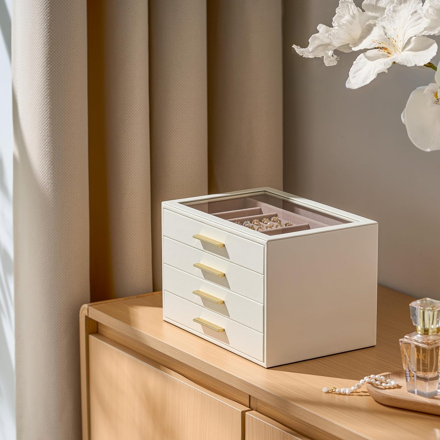 pickpiff Jewelry Box Organizer Case for Women: 4-Layer Jewelry Storage Case with Glass Window, Ivory Leather with Pink Velvet, Holder for Ring Necklace Bracelet Brooch Watch, Great Gift for Her