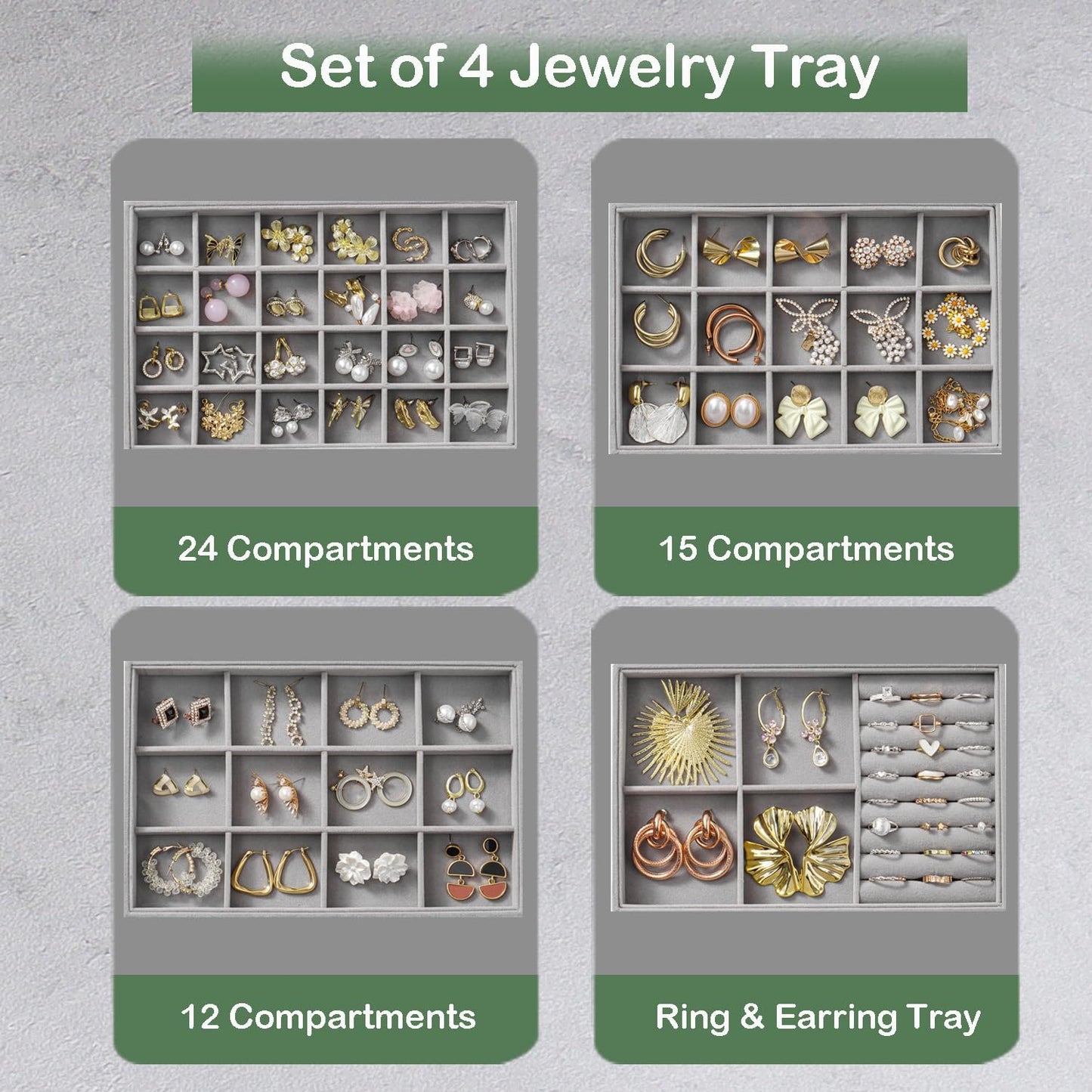 Jewelry Drawer Organizer, 4 Set of Stackable Jewelry Trays for Drawer Inserts Velvet Organizers and Display Storage for Earring Necklace Rings Bracelets (Gray)