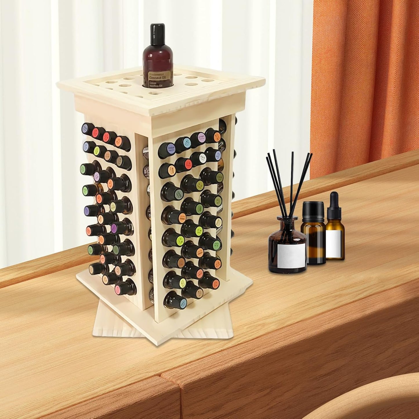 104-Hole Wooden Essential Oil Display Rack, 8 Tiers Rotating Pine Organizer for Home, Beauty Salon, Perfume Store, Hold 5ml & 15ml Bottles, Space-Saving Countertop Holder, Easy Access, 9.44*15.74in