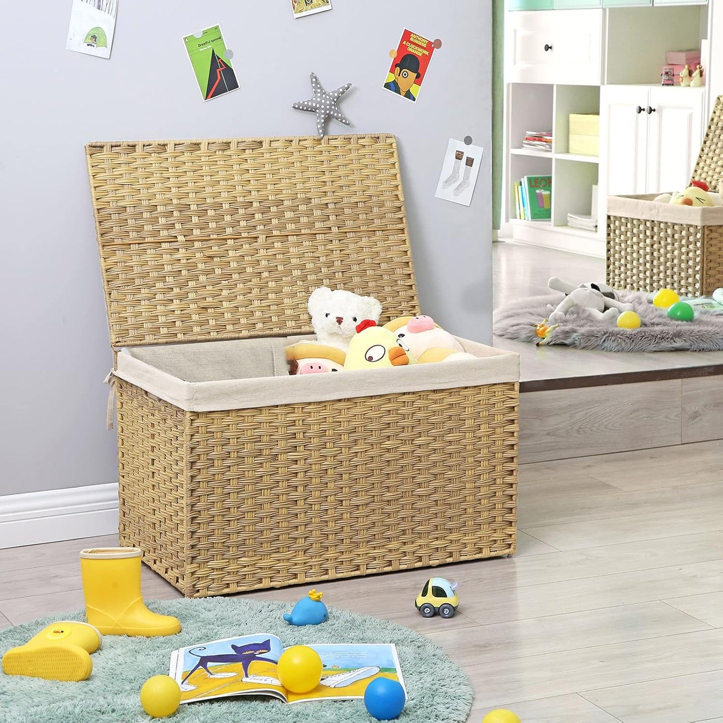 SONGMICS Storage Basket with Lid, Woven Blanket Storage Bin with Handles, Foldable, Removable Liner, Metal Frame, for Bedroom, Laundry Room, 42.3 Gallons (160 L), Natural URST76NL