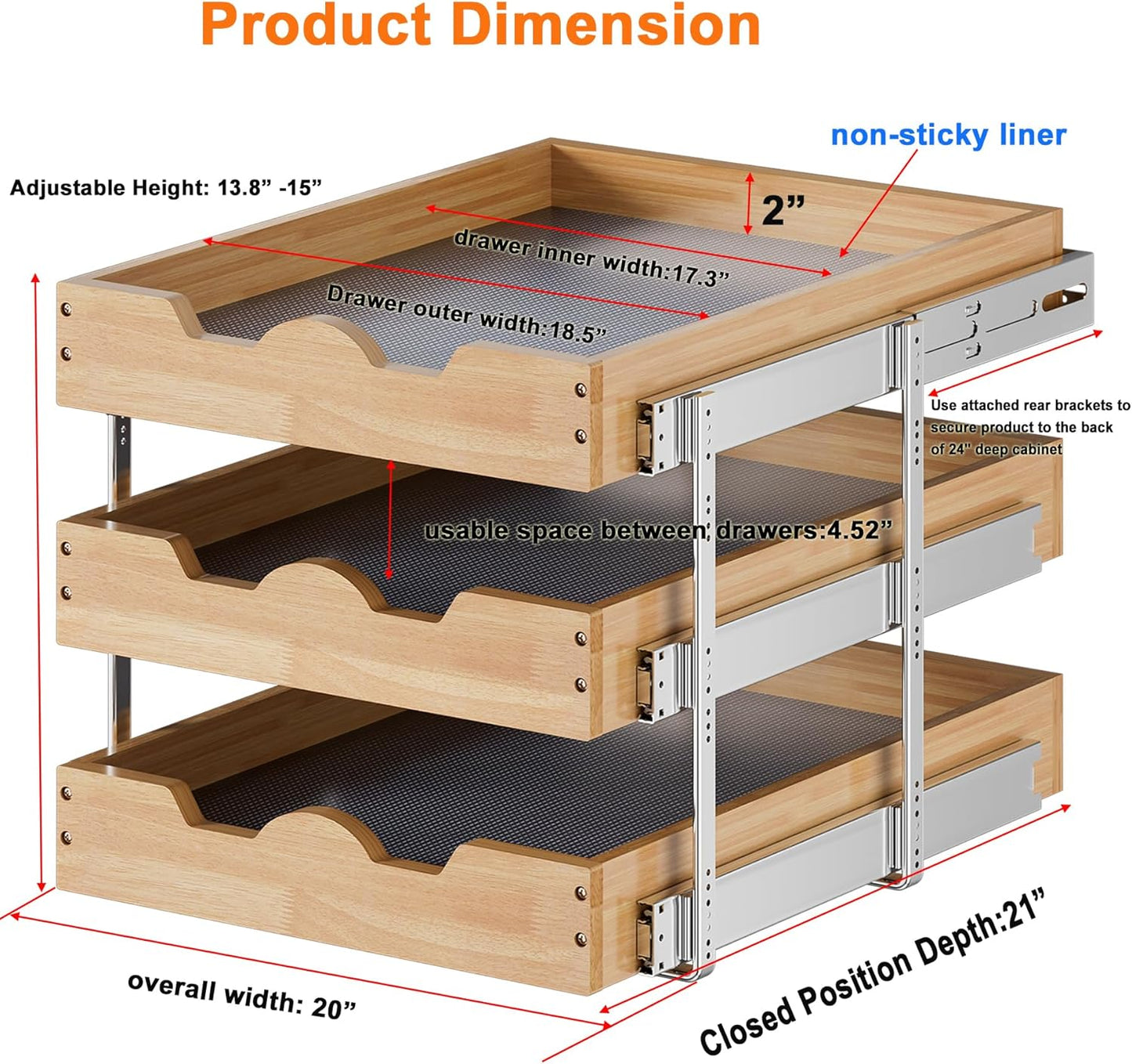 DINDON 3 Tier Pull Out Cabinet Organizer 20”W X21”D Slide Out Shelves With Shelf Liner for Kitchen Wood Roll Out Drawers Pantry Organization
