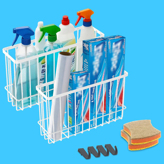 Cabinet Door Organizer 2Pcs, Foil and Plastic Wrap Organizer with 2 Sponges, Cabinet Door Storage with 2 Caddy Adhesive, for Aluminum Foil, Plastic Wrap, Wool Dryer Balls, White,(Medium, Large)