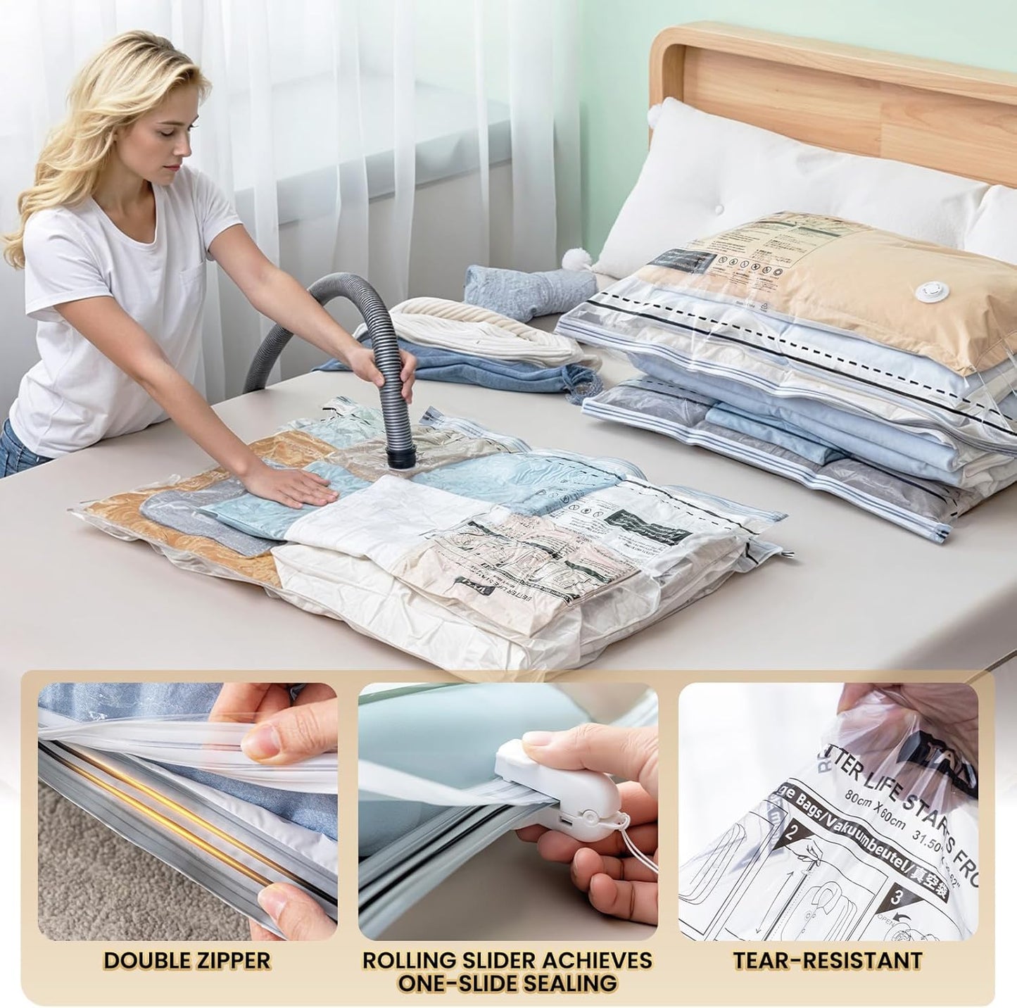 TAILI 10 Pack Vacuum Storage Bags, LONG SIDE ZIP (5 Large+5 Jumbo), Multi-Size Vacuum Seal Bags for Clothing, Storage Bulky Beddings, Comforters and Clothes, Space Saver for Closet Organization