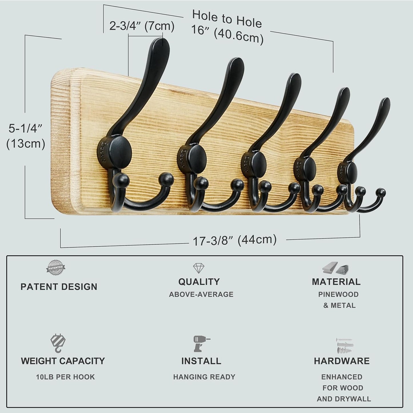 Dseap Coat Rack Wall Mounted - 5 Tri Hooks, Heavy Duty, Wooden Wall Coat Hanger Coat Hook for Clothes Hat Jacket Clothing, Black