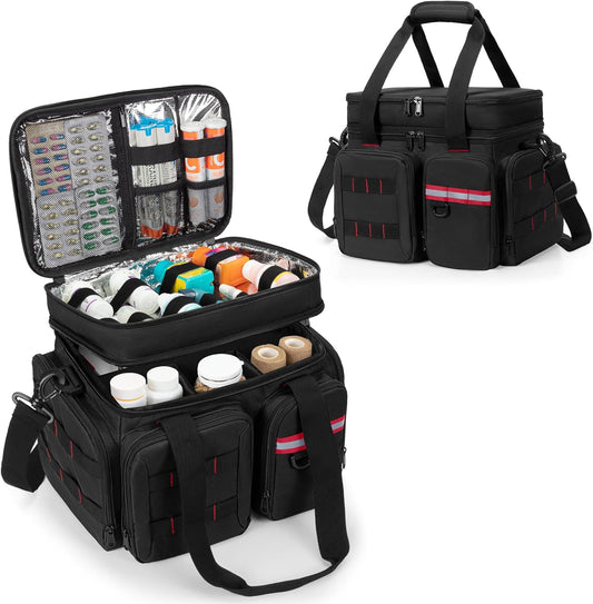 Medicine Organizer Bag with Insulated Pocket for Travel, Pill Bottle Storage Bag with 4 Customized Dividers & Shoulder Strap for Medication, Insulin and First Aid Supplies, Black (Bag ONLY)