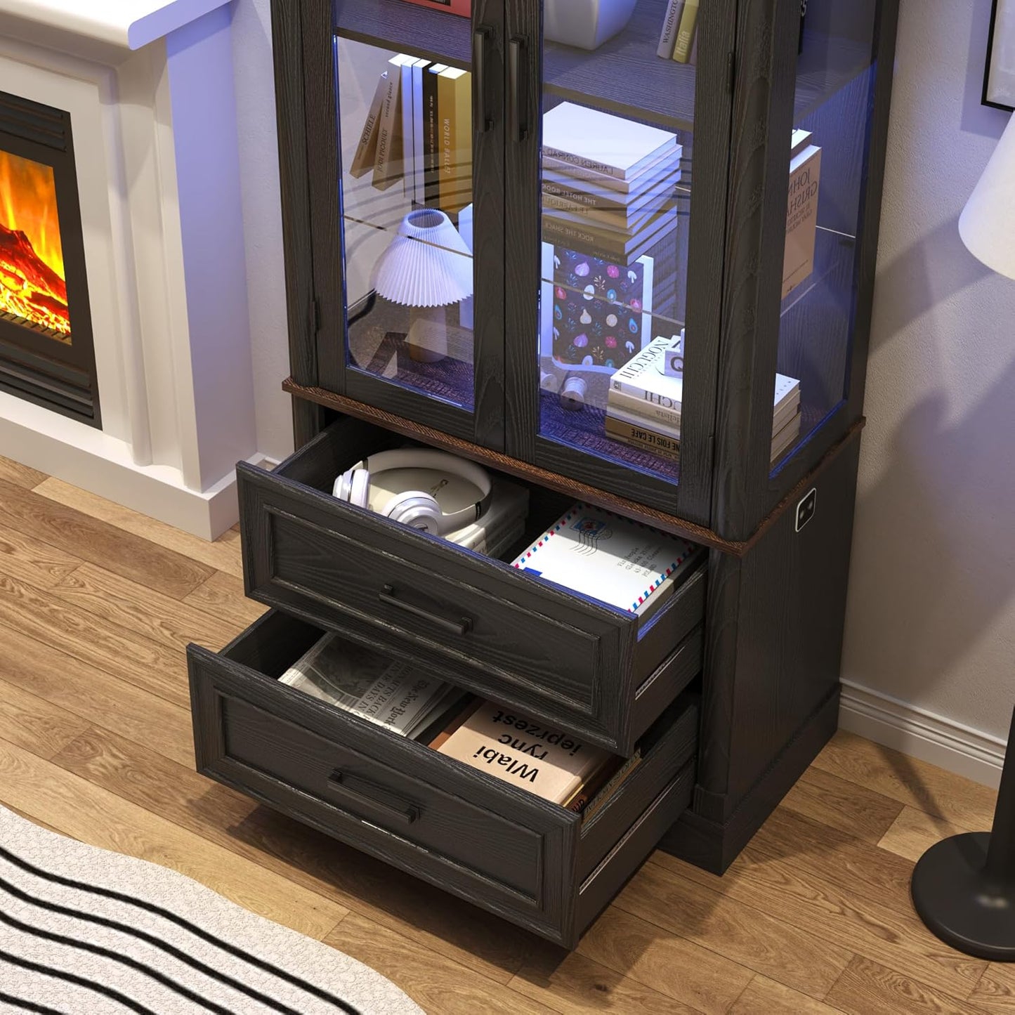 St.Mandyu 71" Tall Display Cabinet with Glass Doors, Curio Case with LED Sensor Lights and 2 Storage Drawers for Living Room, Home, Kitchen, Black