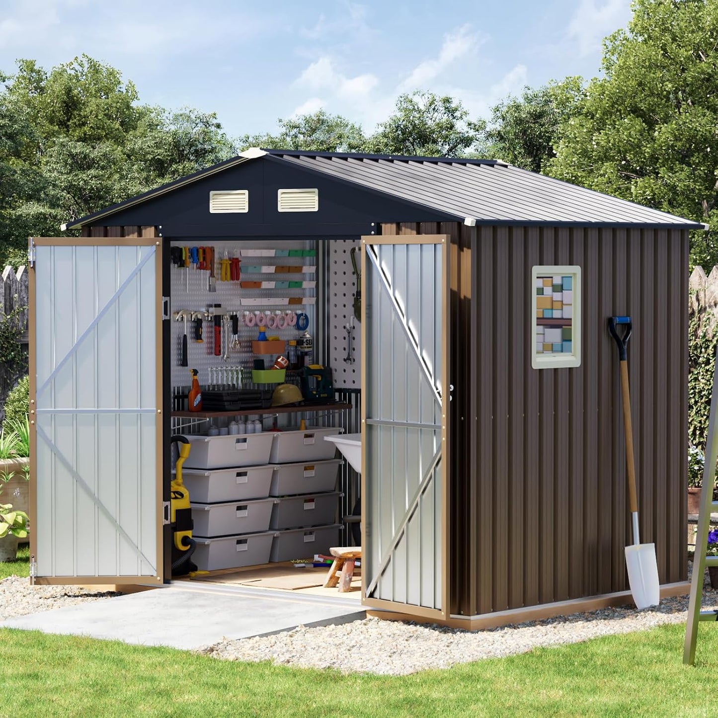 6x8FT Outdoor Metal Storage Shed with Floor Frame,Double Door, 1 Clear Window, Tool Shed for Garden, Patio, Backyard Brown