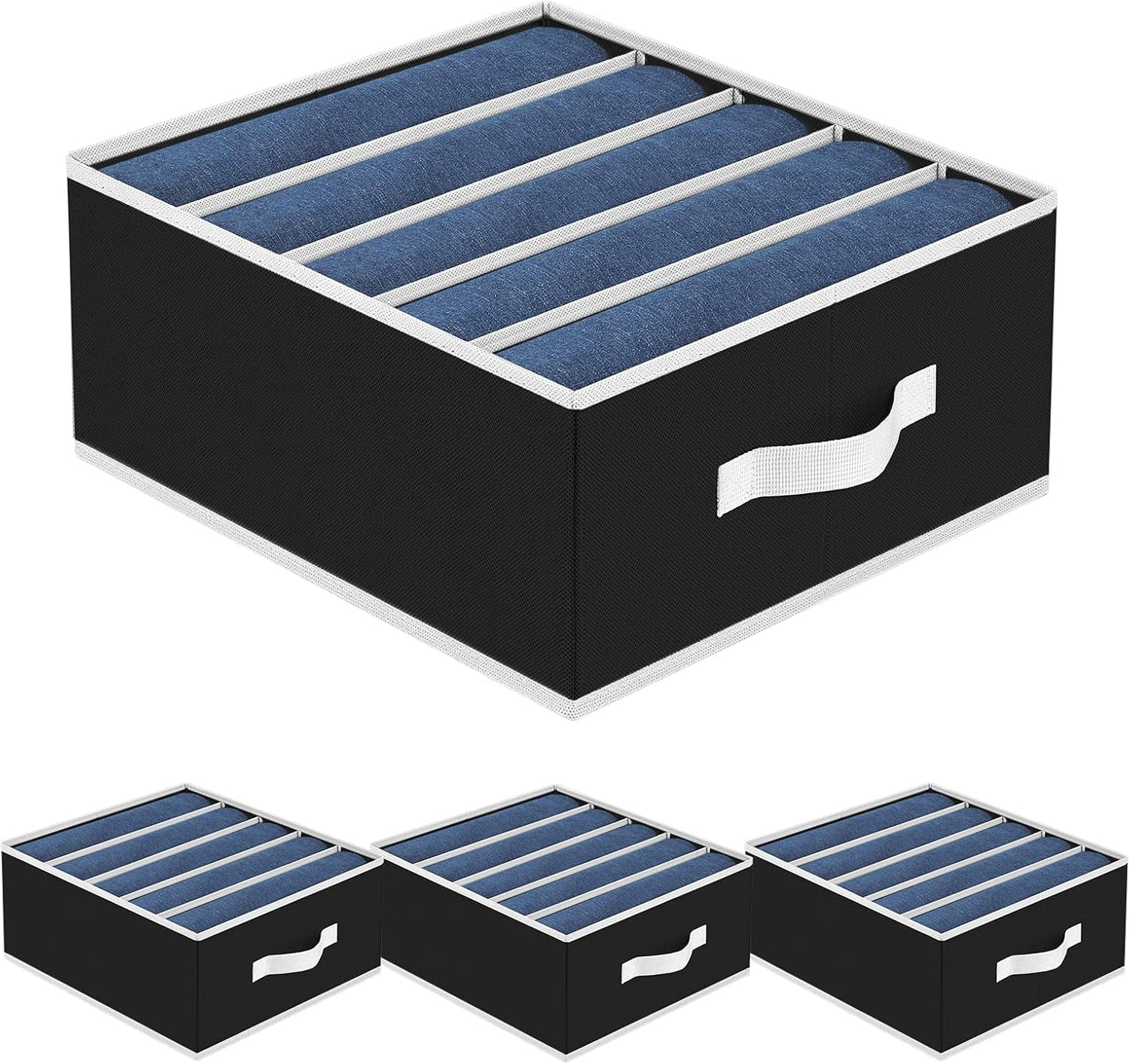 Jeans Organizer - Wardrobe Clothes Organizer with 5 Cells, Closet Organizers and Storage for Jeans, Sweater, Pants Organizers for Closet, Shelves, 4 Pack (Black)