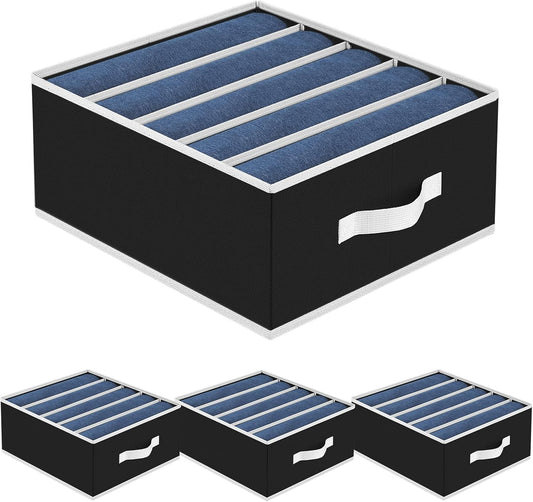Jeans Organizer - Wardrobe Clothes Organizer with 5 Cells, Closet Organizers and Storage for Jeans, Sweater, Pants Organizers for Closet, Shelves, 4 Pack (Black)
