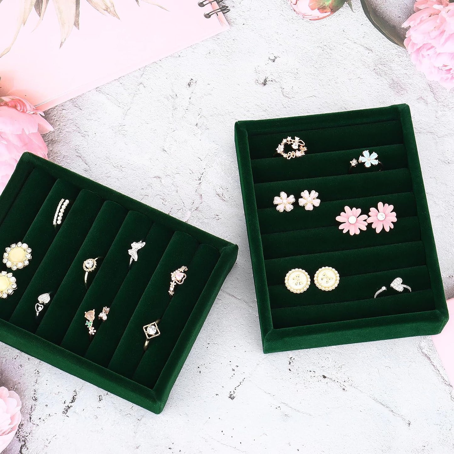 DesignSter Small Jewelry Tray-Ring Organizer 2PCS Premium Velvet Rings Earrings Display Tray Storage Insert Holder for Jewelry Box, Drawer, Dresser (8 Slots, Green)