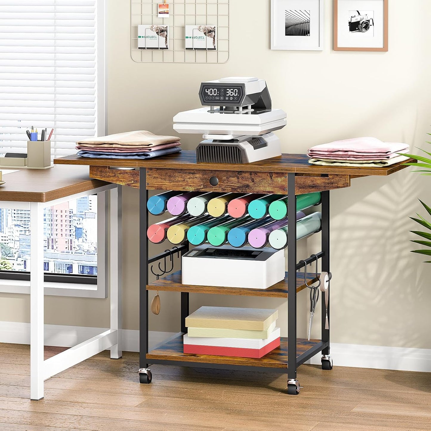HOOBRO Foldable Heat Press Table, Movable Heat Transfer Stand with Vinyl Roll Holder and Drawer, 3-Tier Craft Table with Folding Shelf, Mobile Workbench Cart for DIY Sublimation, Rustic Brown BF84CJ01