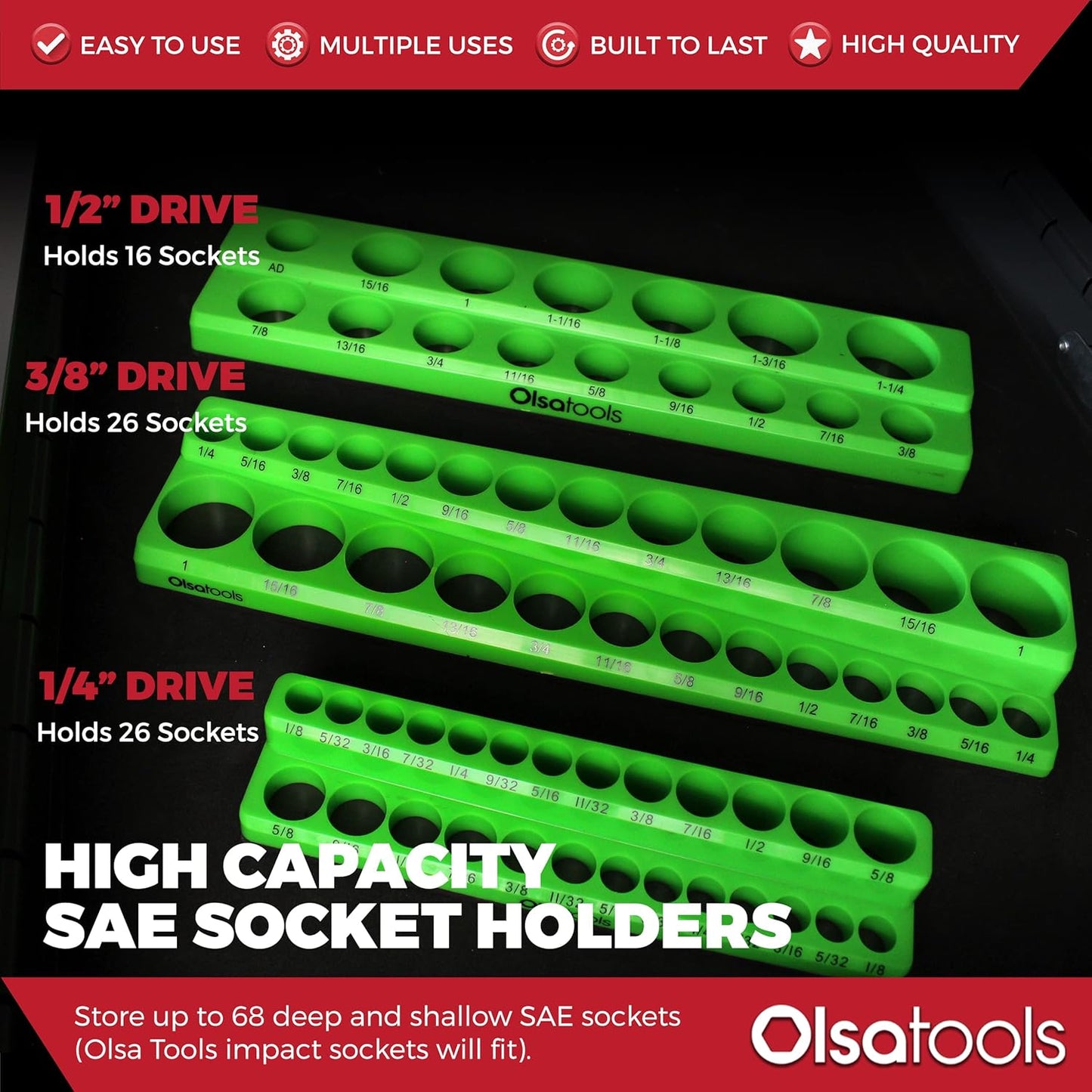 Olsa Tools Magnetic Socket Organizer | 3 Piece Socket Holder Kit | 1/2-Inch, 3/8-Inch, & 1/4-Inch Drive | SAE Green | Holds 68 Sockets | Professional Quality Tools Organizer