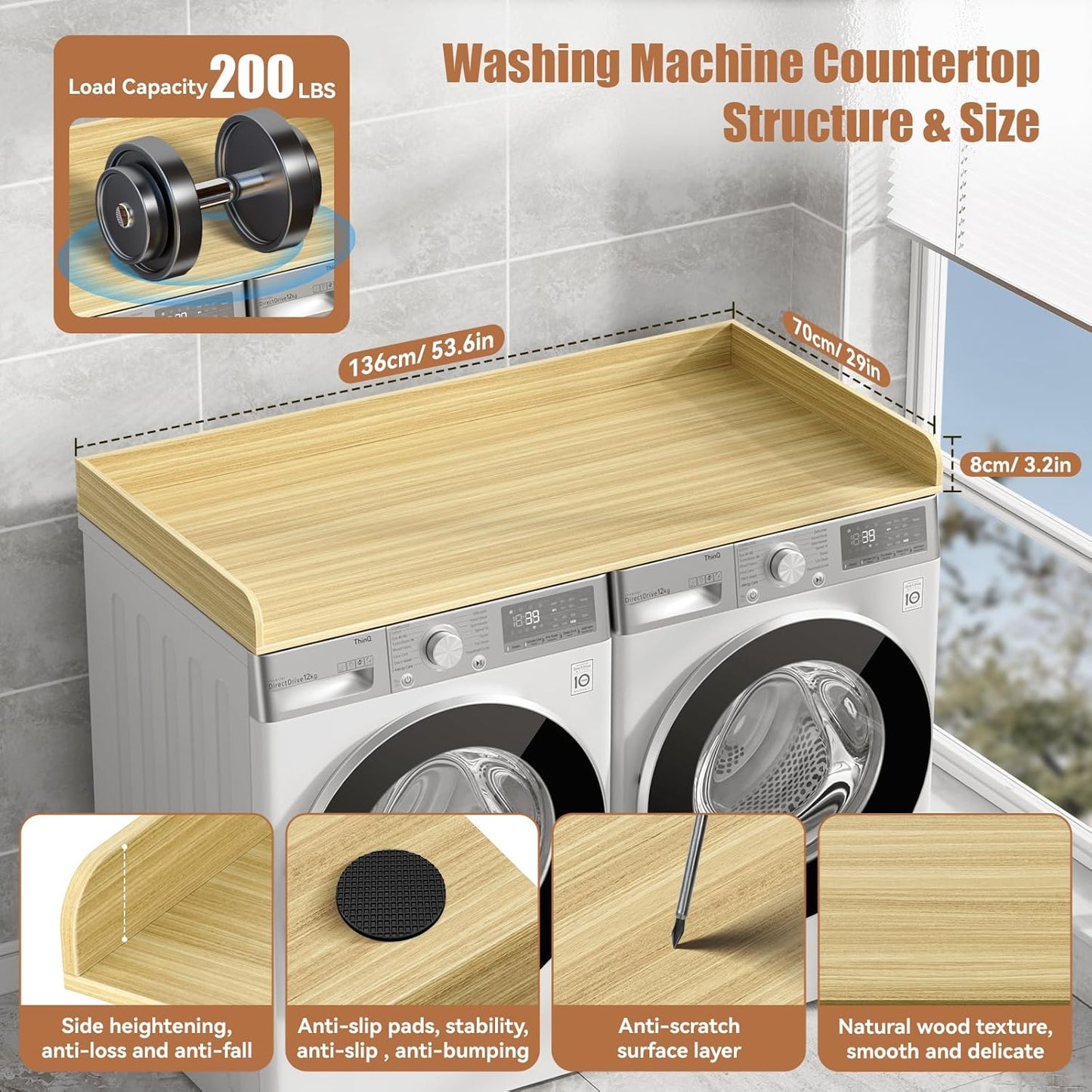 Washer Dryer Countertop, 27.5" D x 54" W Washer and Dryer Topper Covers with Edge Rails, Wood Laundry Room Countertop Shelves for Laundry Room Organization and Storage (Natural)
