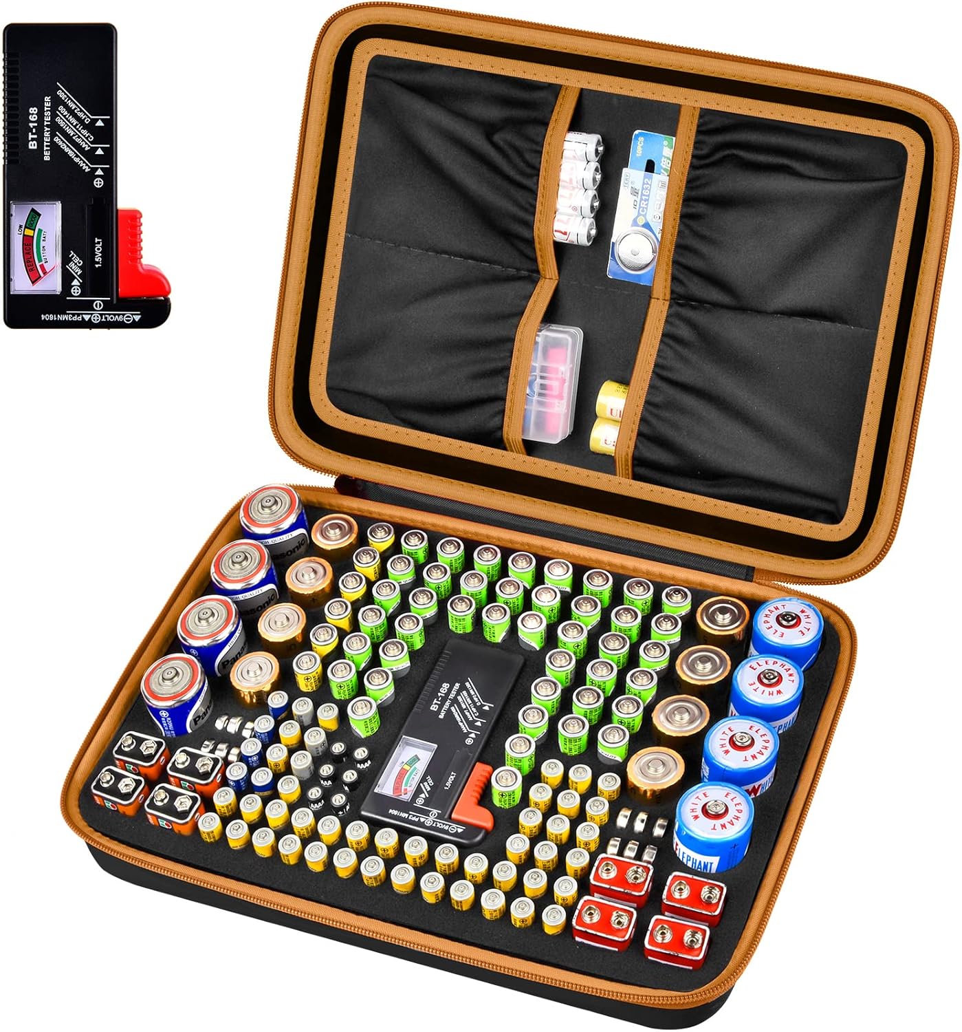 Comecase Battery Organizer Storage Box, Carrying Case Bag Holder - Holds 140+ Batteries AA AAA AAAA C D 9V - with Battery Tester - Brown(Batteries are Not Included)
