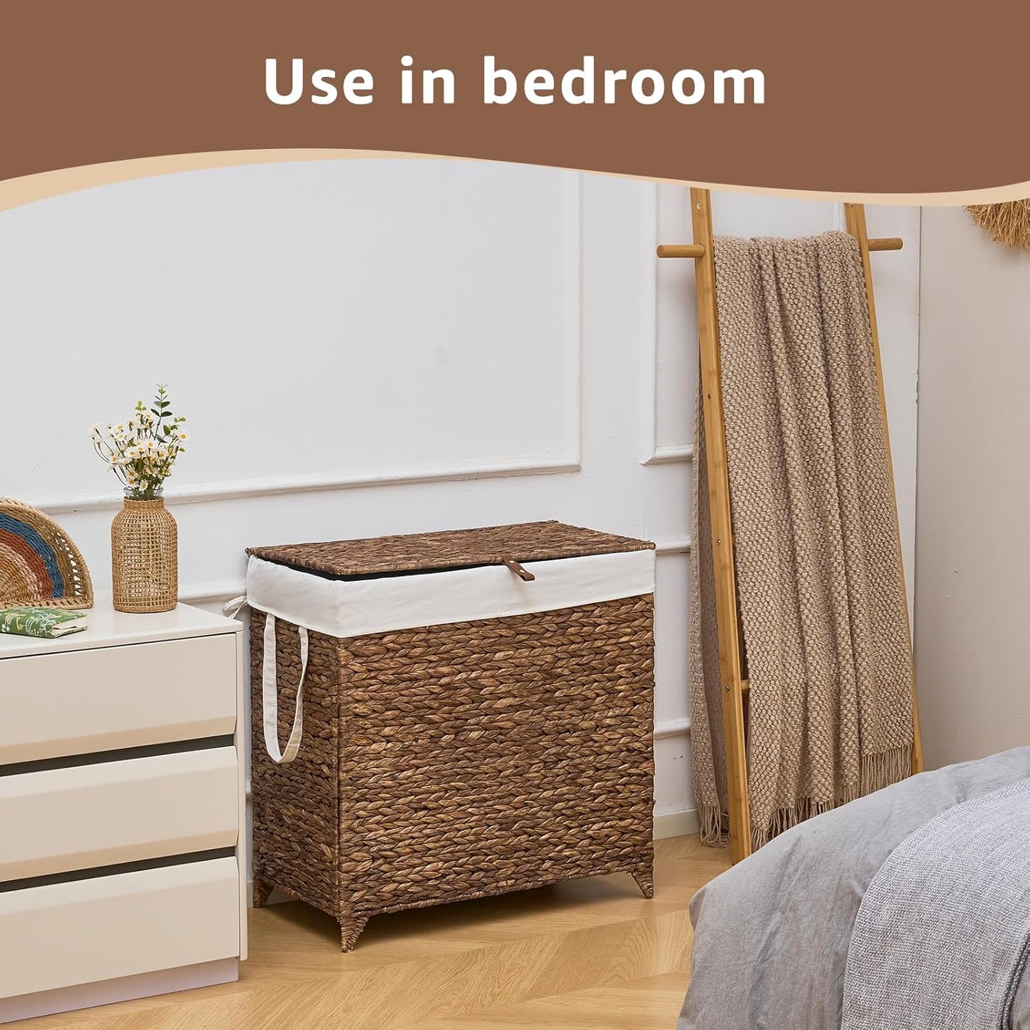 Laundry Hamper with Lid and Removable Liner Bag, Handwoven Natural Hyacinth Clothes Hamper with Heightened Feet, Wicker Laundry Basket for Clothes and Towels，Large, 2-sections