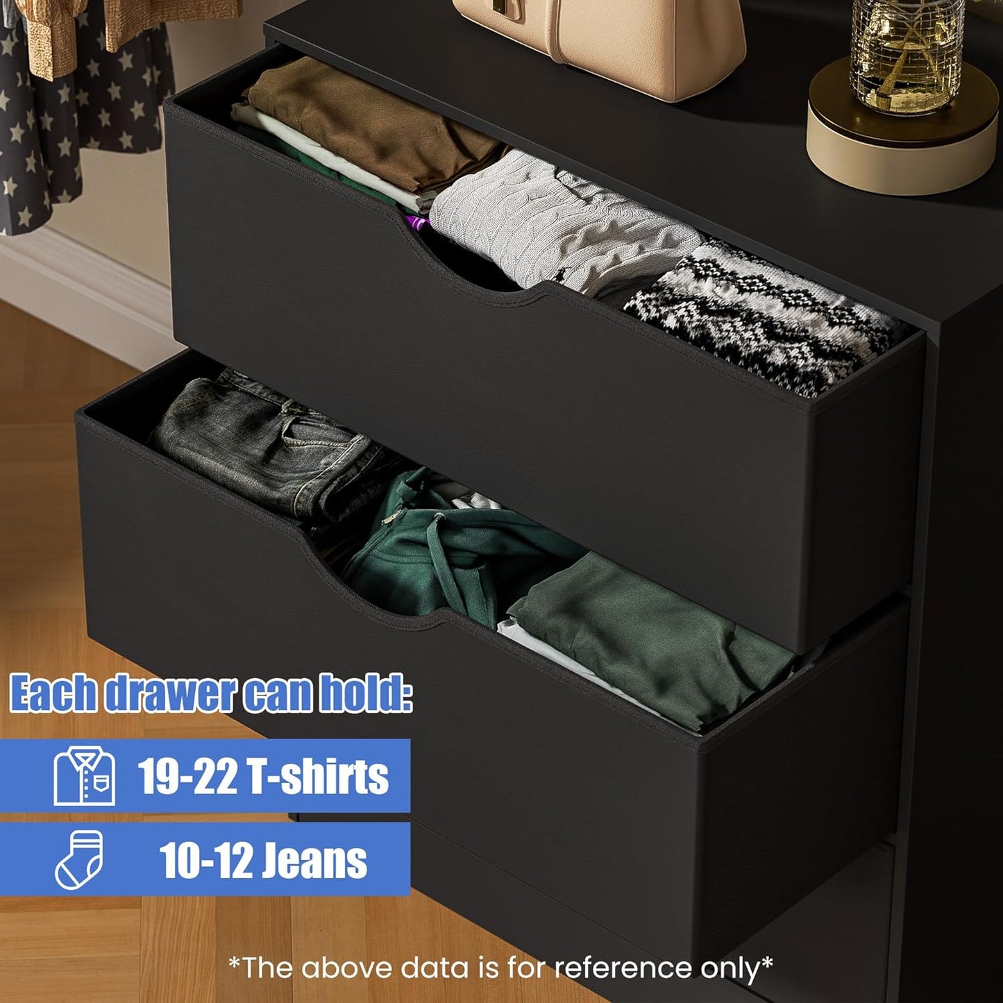 3 Drawers Dresser (Set of 2) for Bedroom, Fabric PU 6 Drawer with Wood Frame, Black Dresser with Large Organizer, Chest of Drawers for Closet, Living Room, Hallway, Black