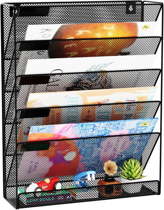 Wall File Organizer Holder Mesh Hanging Paper Document Holder,Vertical 6 Pocket Tier for Office Home, Black