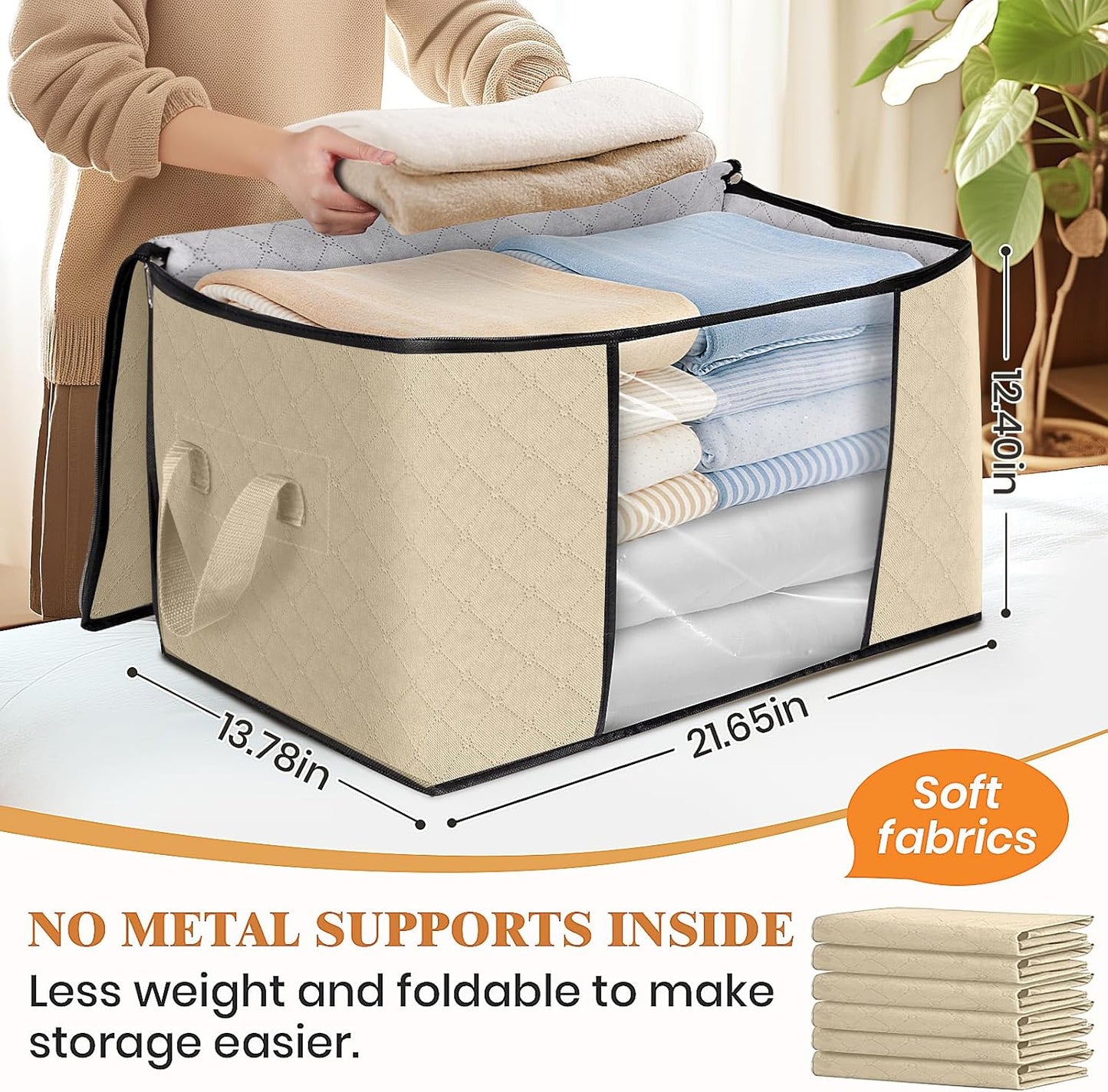 Fab totes 4 Pack Clothes Storage, Foldable Thick Fabric Blanket Storage Bags, Containers for Organizing Bedroom, Closet, Clothing, Comforter, Organization with Handle,Beige