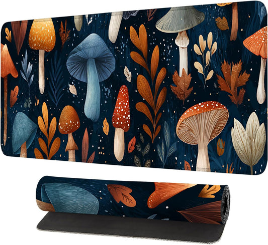 Mushroom Forest Mouse Pad – Large Extended Desk Mat 31.5 x 11.8 in– Autumn Woodland Fungi Illustration, Waterproof Surface, Non-Slip Rubber Base, Keyboard & Mouse Pad for Nature Lovers