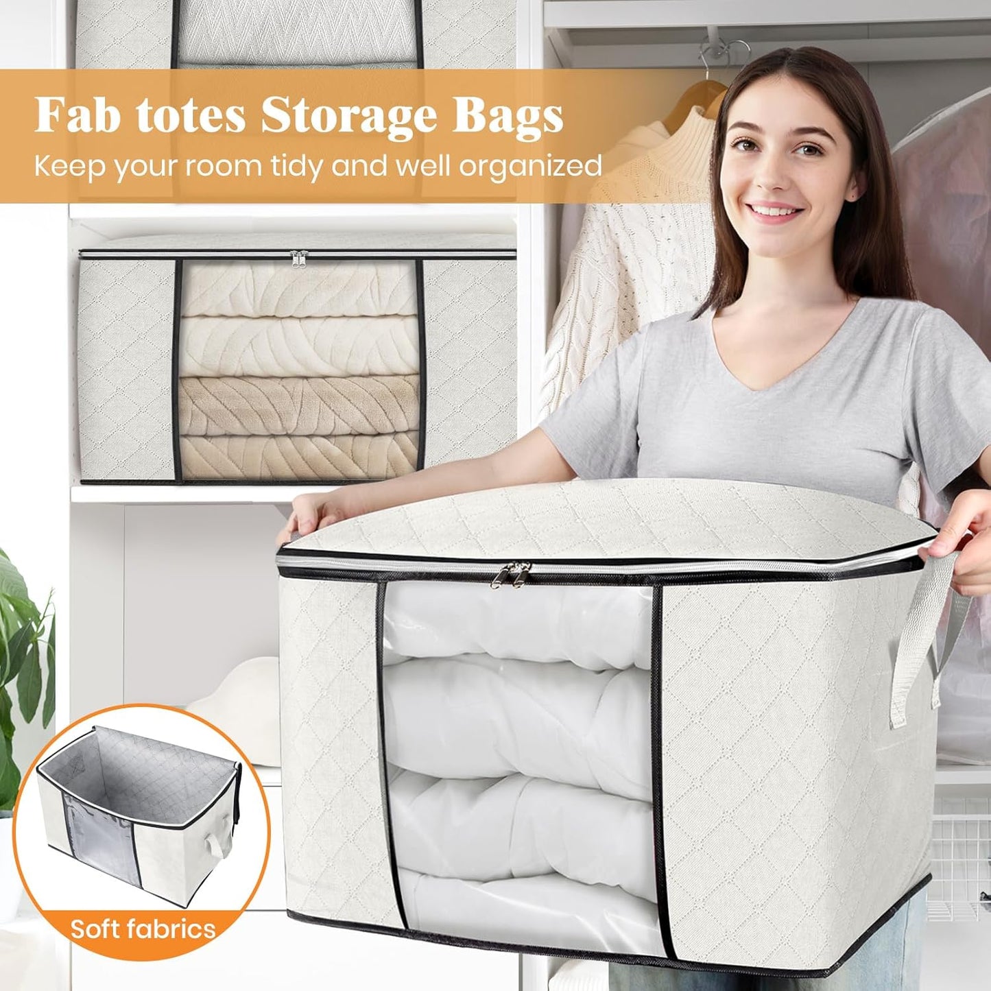 Fab totes 24 Gallons Clothes Storage, Foldable Thick Fabric Blanket Storage Bags, Containers for Organizing Bedroom, Closet, Clothing, Comforter, Organization with Handle (3 Pack,Ivory)