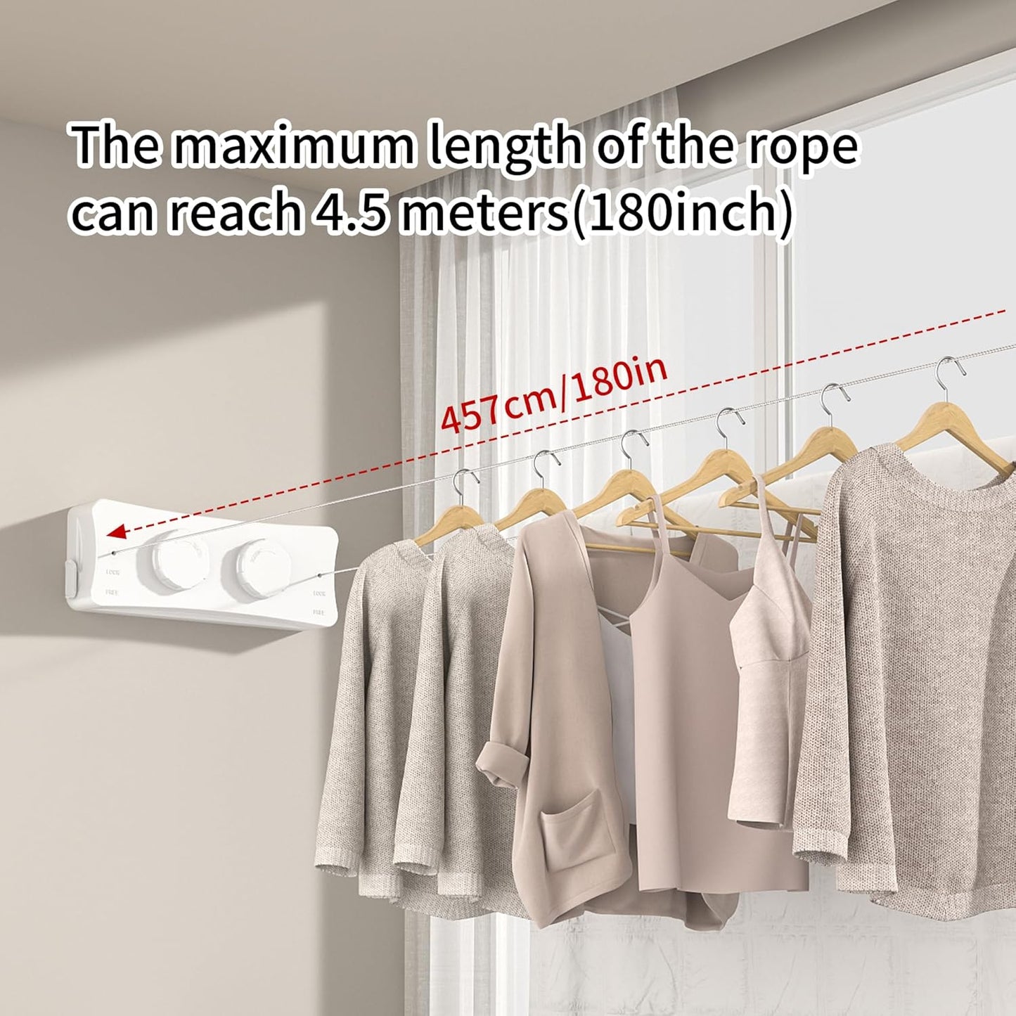 JOOM Retractable Clothesline Heavy Duty Clothes Drying Laundry Line Wall Mounted Easy Hanging Clothes Drying Laundry Line Retracting Hanging Lock to Prevent Sagging (Two line,White)