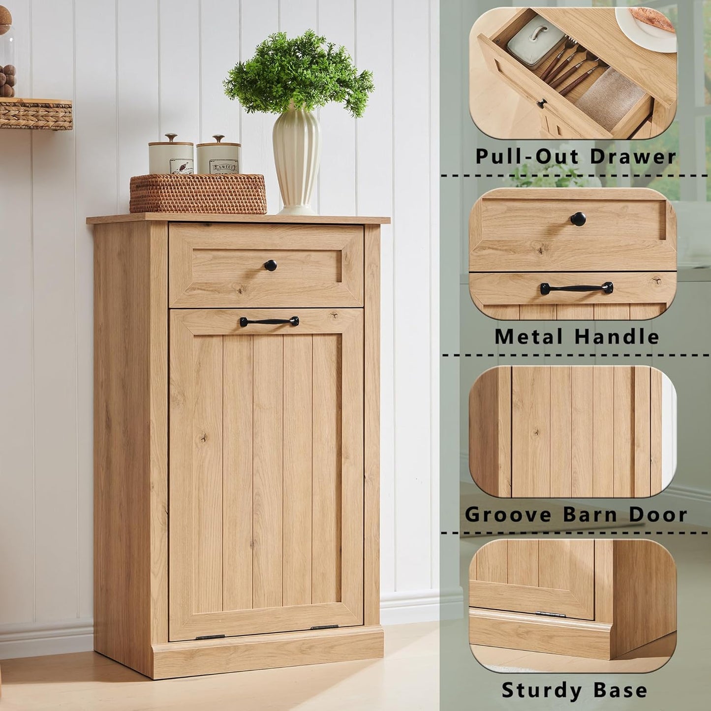 Tilt Out Trash Can Cabinet, 10 Gallon Farmhouse Laundry Hamper Cabinet with Drawer, Hidden Wooden Trash Garbage Can Bin with Storage Basket for Kitchen, Living Room (Natural)