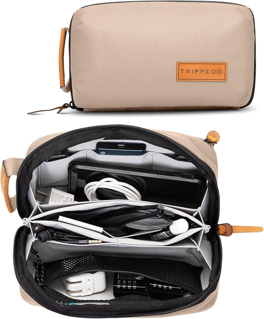 Tech Bag Organizer - Small Electronics Organizer Pouch for Travel - Premium Travel Case with Leather Accents - Mesh Pocket for Cables, Cords and Chargers (Tan)