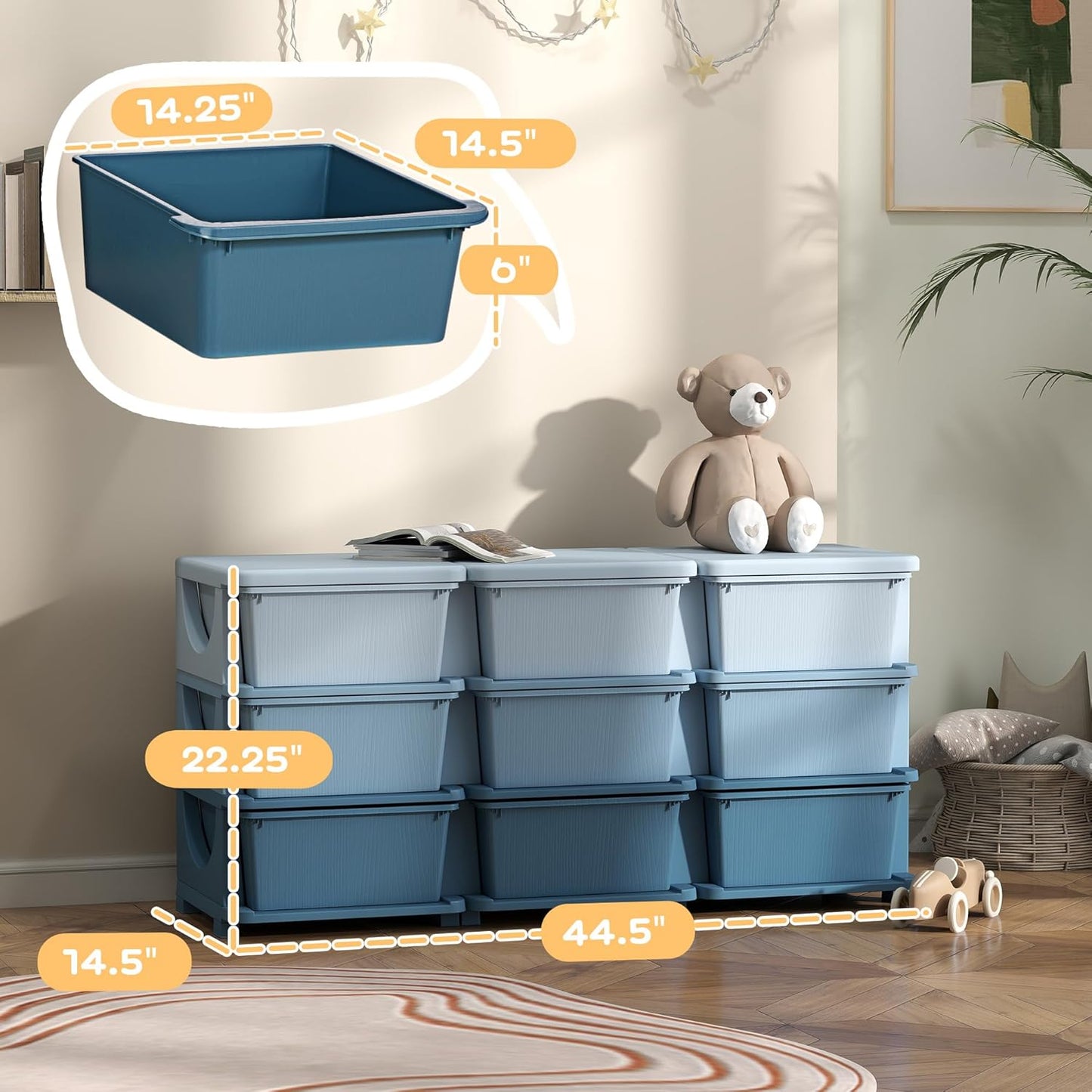 Qaba 3 Tier Kids Storage Unit, 9 Drawer Chest Toy Organizer Plastic Bins for Kids Bedroom Nursery Kindergarten Living Room for Boys Girls Toddlers, Blue