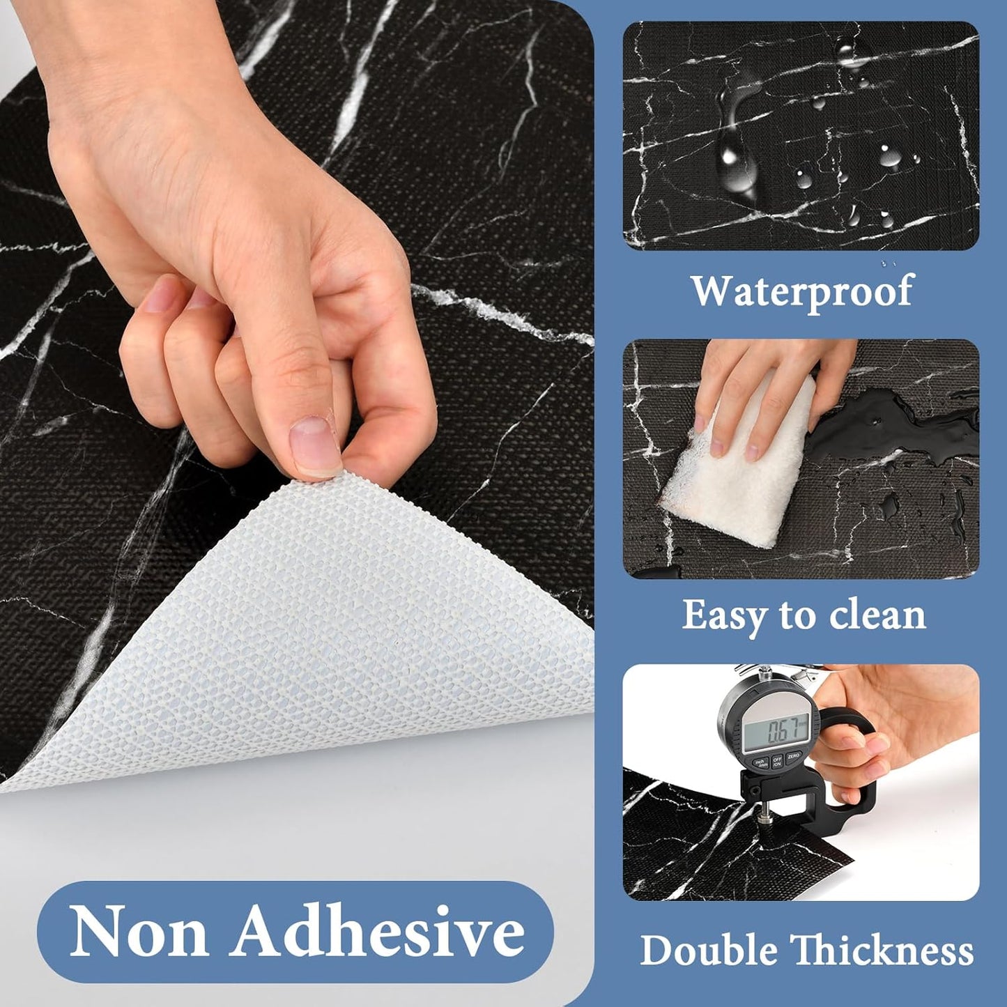 Drawer and Shelf Liner for Kitchen Cabinet: 17 in X 30 Ft Non Slip Waterproof Shelf Paper Non Adhesive Refrigerator Liners Black Marble Easy Liners for Bathroom with Knife Tape Measure