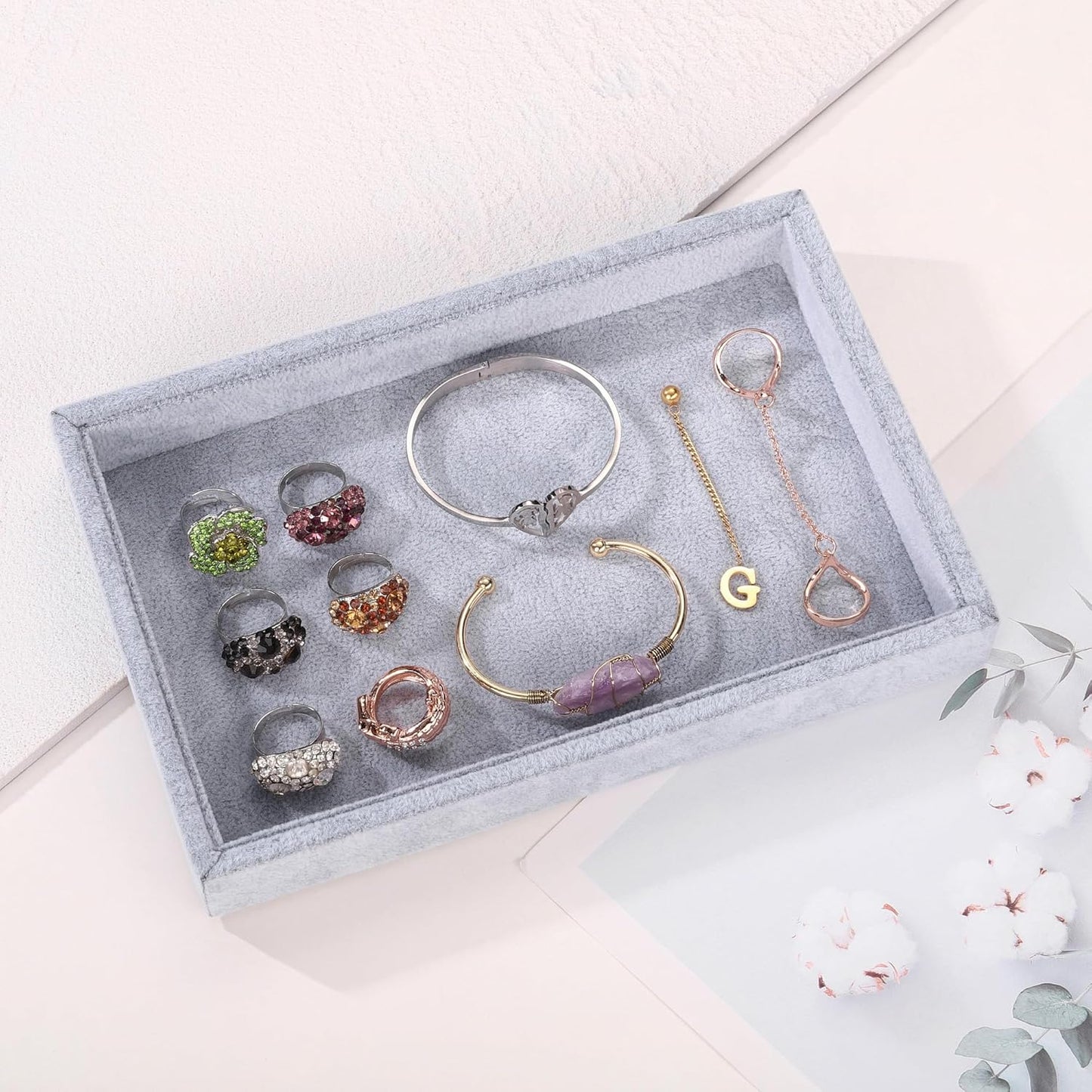 Mornajina 9" x 5.7" Velvet Jewelry Tray Jewelry Display Tray, Stackable Empty Plate Trays for Earrings Necklaces Bracelet Rings Display Showcase - Grey
