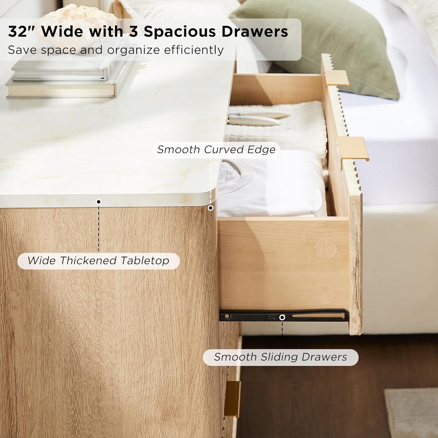 T4TREAM Fluted 3 Drawers Nightstand, Oversized Extra Large Modern Side Table with Faux Marble Top, End Table Bedside for Bedroom, Living Room, Curved Profile Design, Natural Oak