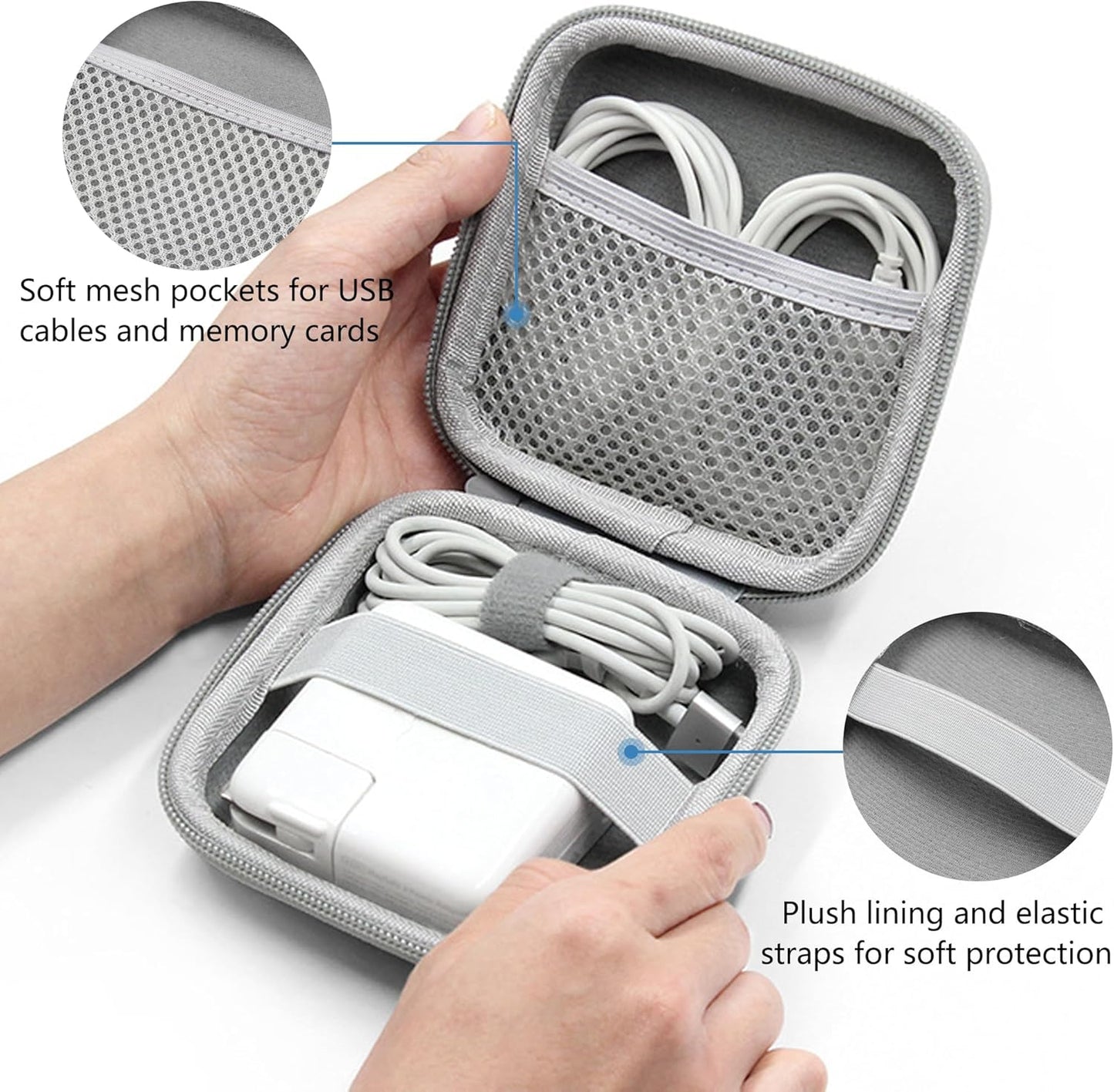 Charger Case for Macbook, Portable Tech Electronic Organizer Bag, Travel Storage Pouch for Laptop Accessories, MacBook Power Adapter, Charging Cords, USB, Power Bank (Light Grey, M)