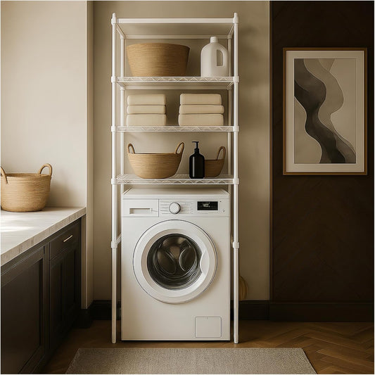 Washer, Dryer and Refrigerator Top Shelf - Extra-Wide Design, Thickened Structure, Washing Machine Rack,Height-Adjustable, Laundry Room Shelves Organizer，Over Dryer Storage(White)