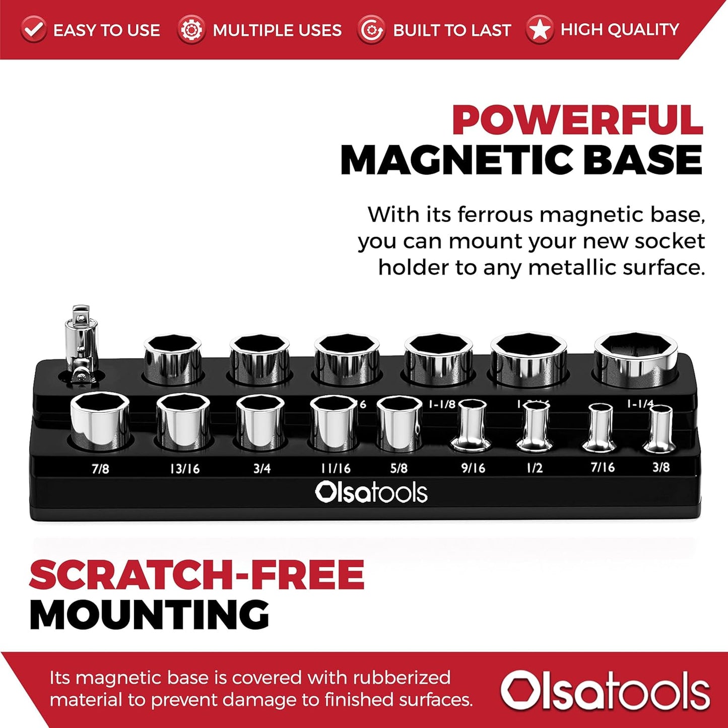 Olsa Tools Magnetic Socket Organizer | 1/2-Inch Drive | SAE | Black | Holds 16 Sockets | Professional Quality Tools Organizer