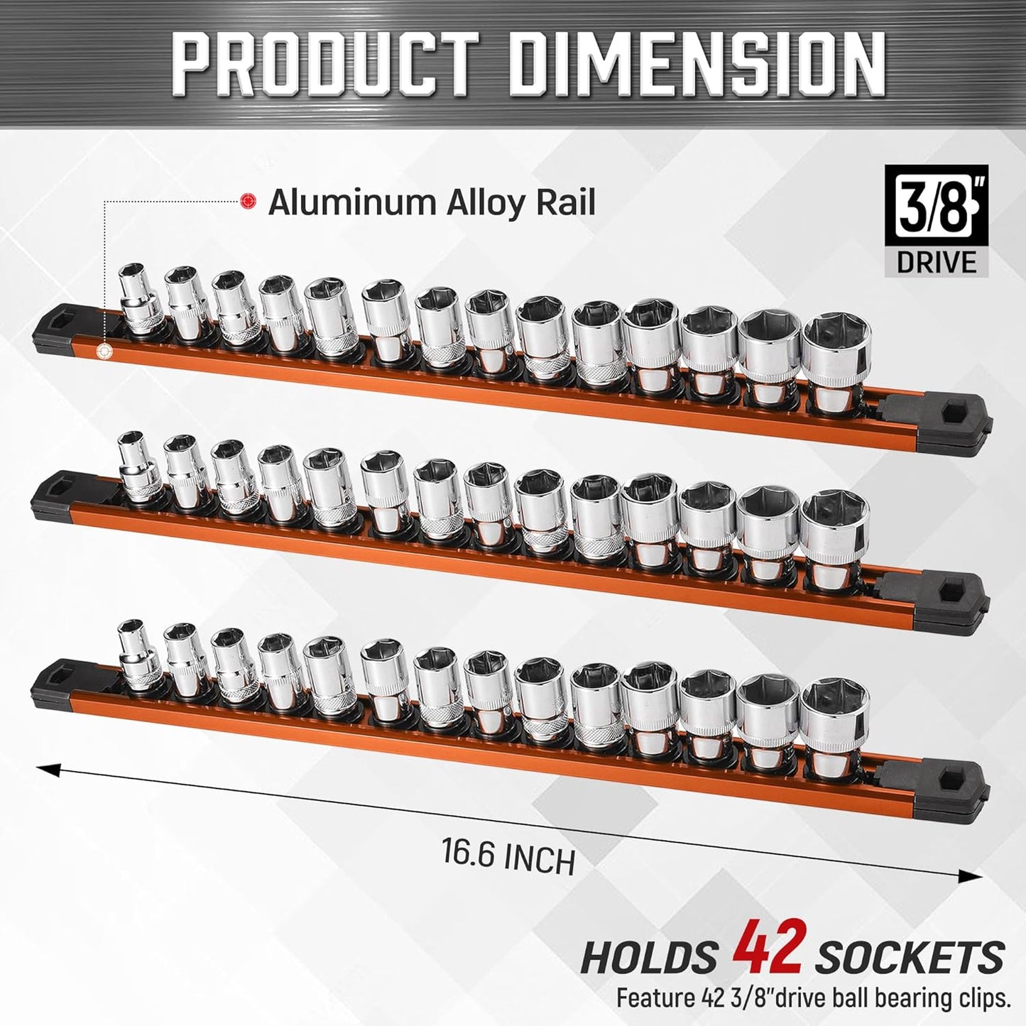 ALOANES 3-Piece Magnetic Socket Organizer, Heavy Duty Aluminum Socket Rails Organizer, 360° Swivel Clips Socket Holder Kit for Tool Box, 3/8-Inch Socket Holder x 42 Clips (Orange)